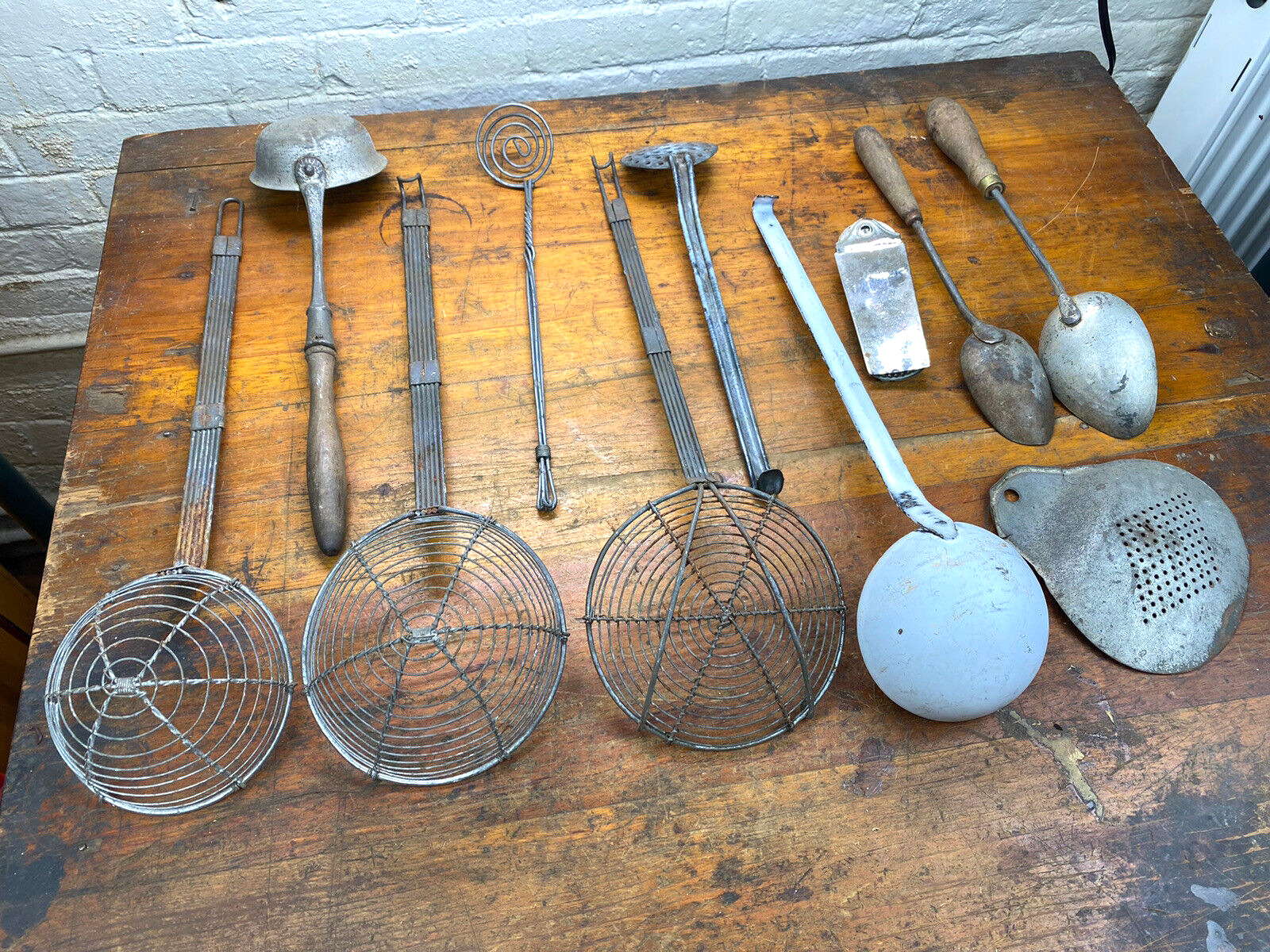 11 Pc. Old Kitchen Utensils, Tools ~ Ladle, Skimmer Strainers, Spoons, Grater