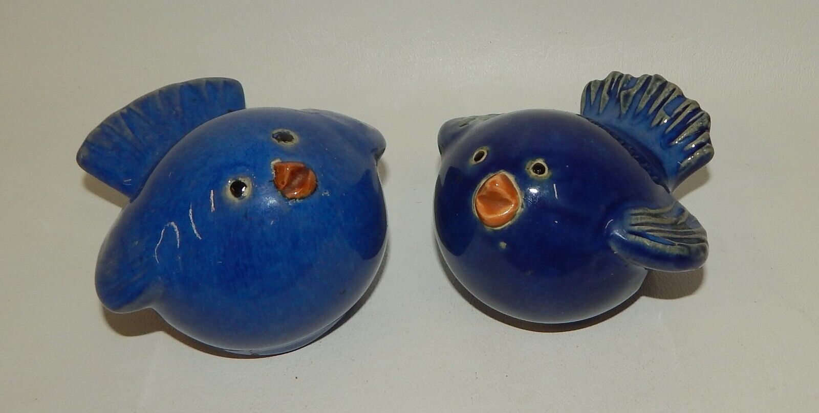 Vintage Folk Art Ceramic Pottery Chubby Bluebird Figurines