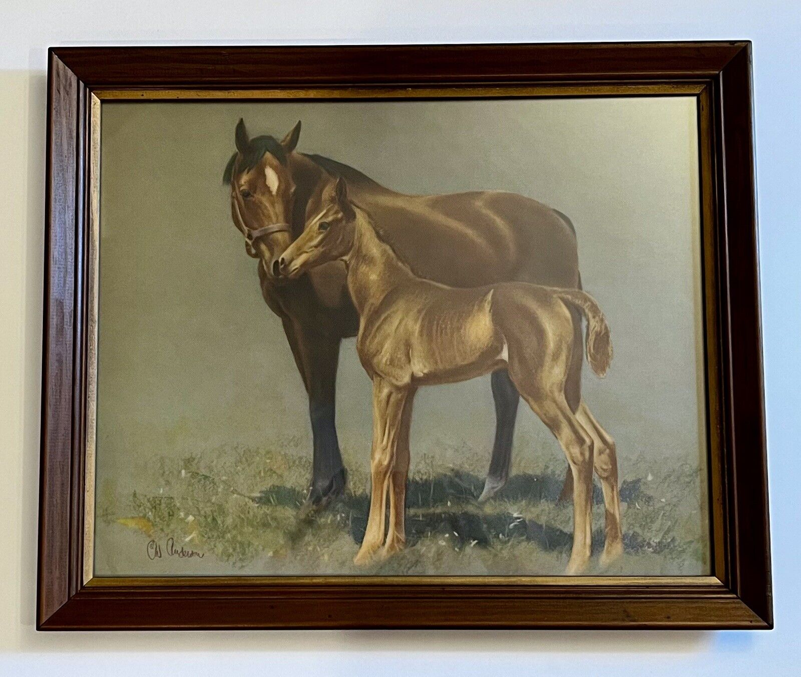 Antique 1951 Framed Art Horse Mare & Foal Solid Wood CW Anderson 23” x 18.9” USA