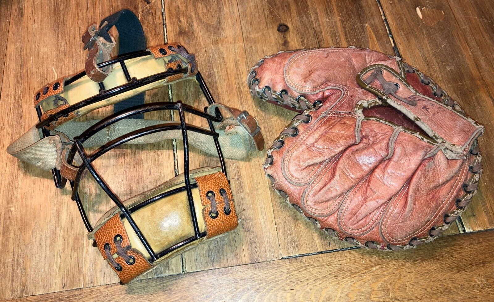 baseball catcher mask vintage Wilson Sports equipment 1948 mitt glove left hand
