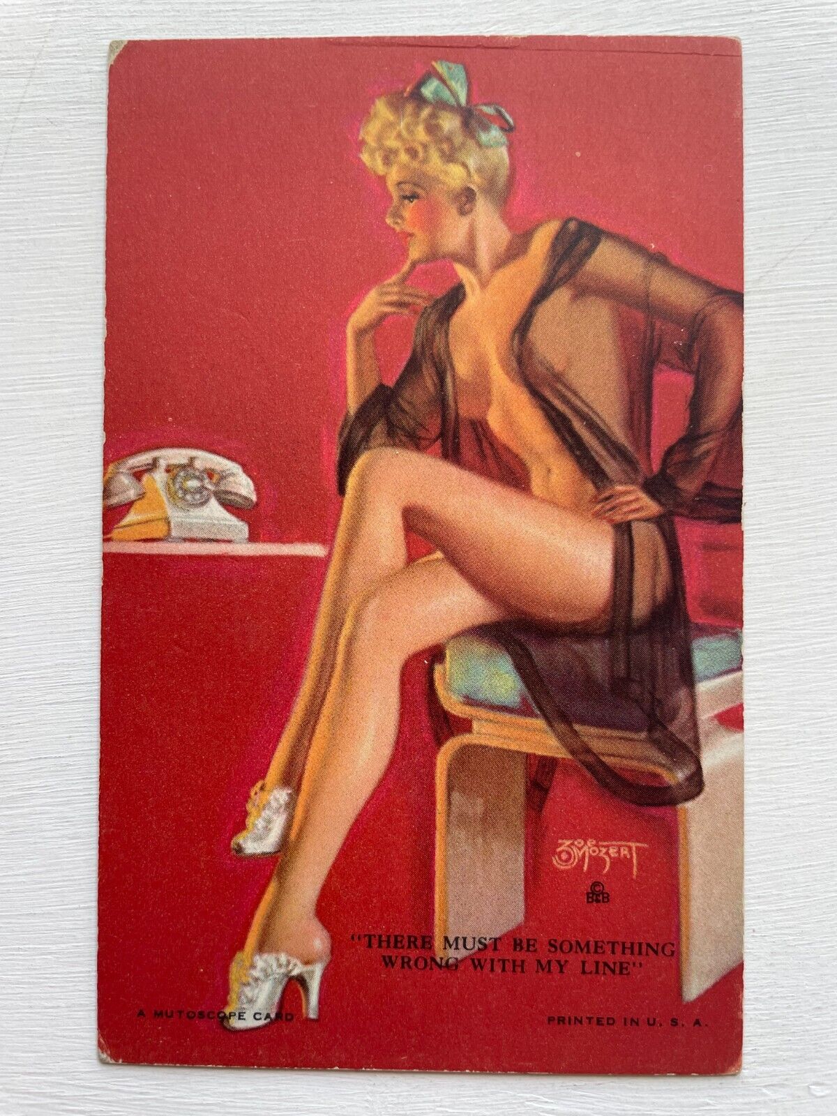 1940's Pinup Girl Picture Mutoscope Card by Zoe Mozert- Blond Waiting For Phone