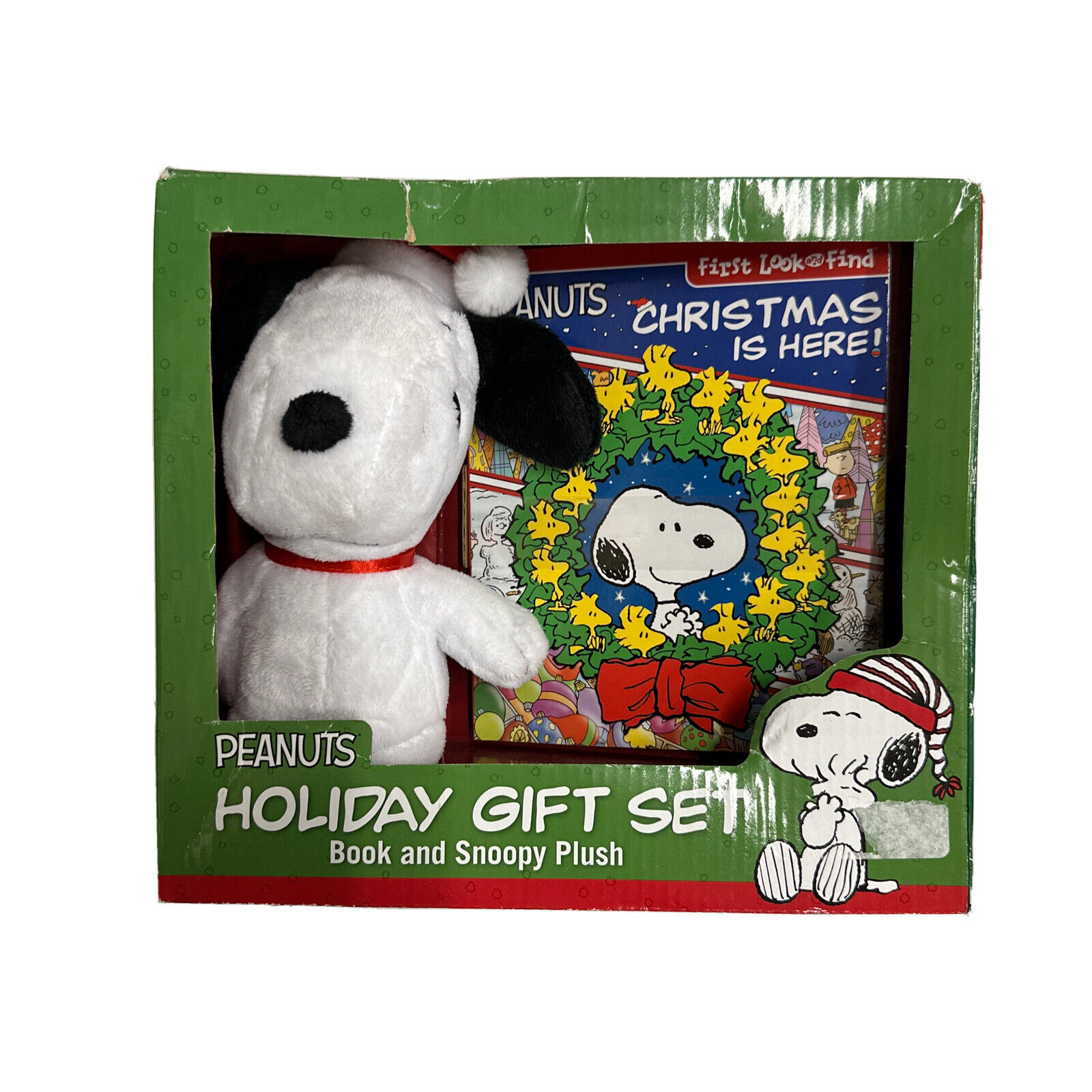 Peanuts Christmas Holiday Gift Set Plush Snoopy with book NEW-Box distress Pics