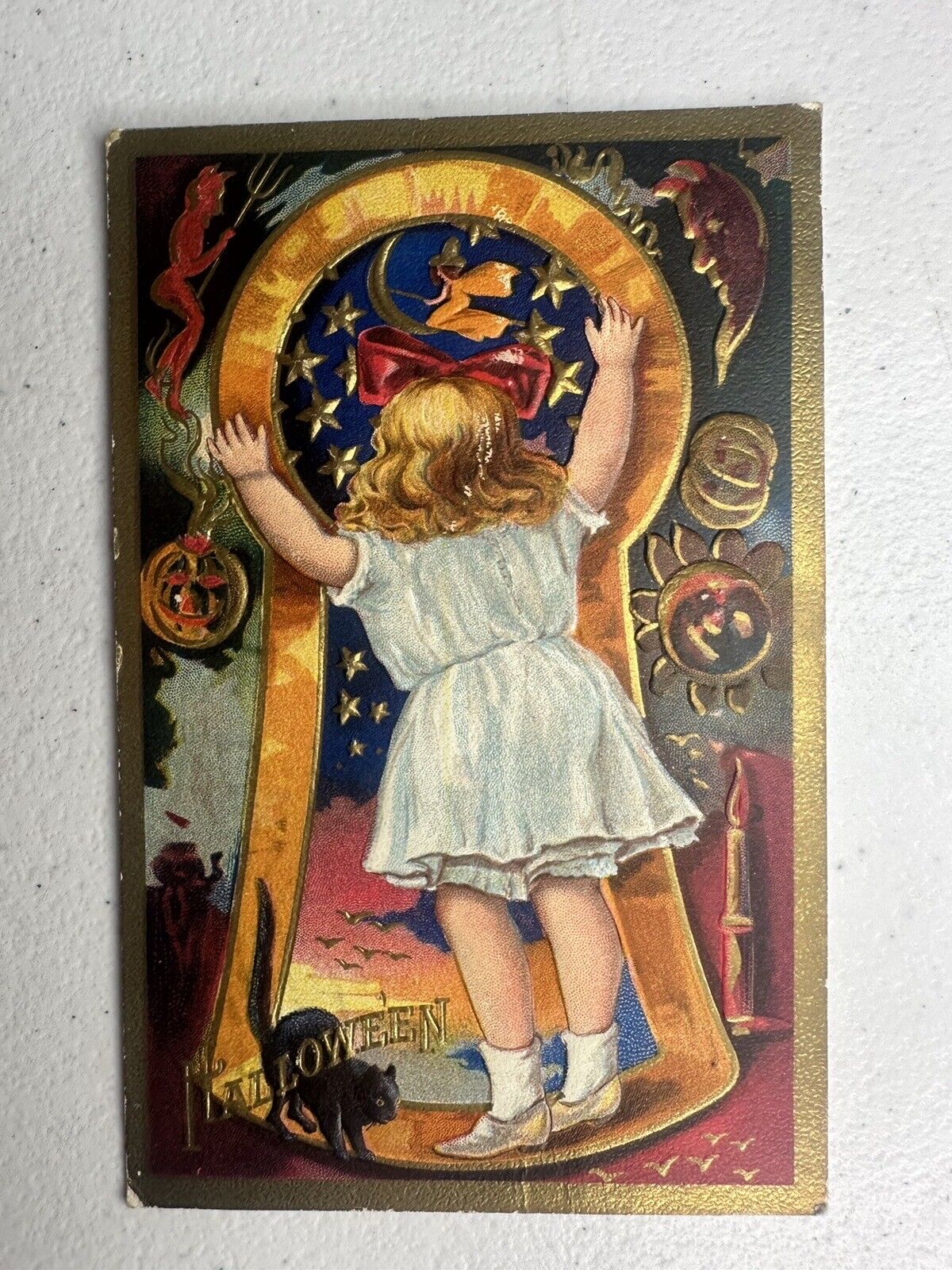 Antique Halloween 1910 Collectible Card, Midnight Imagery, Early Americana Key