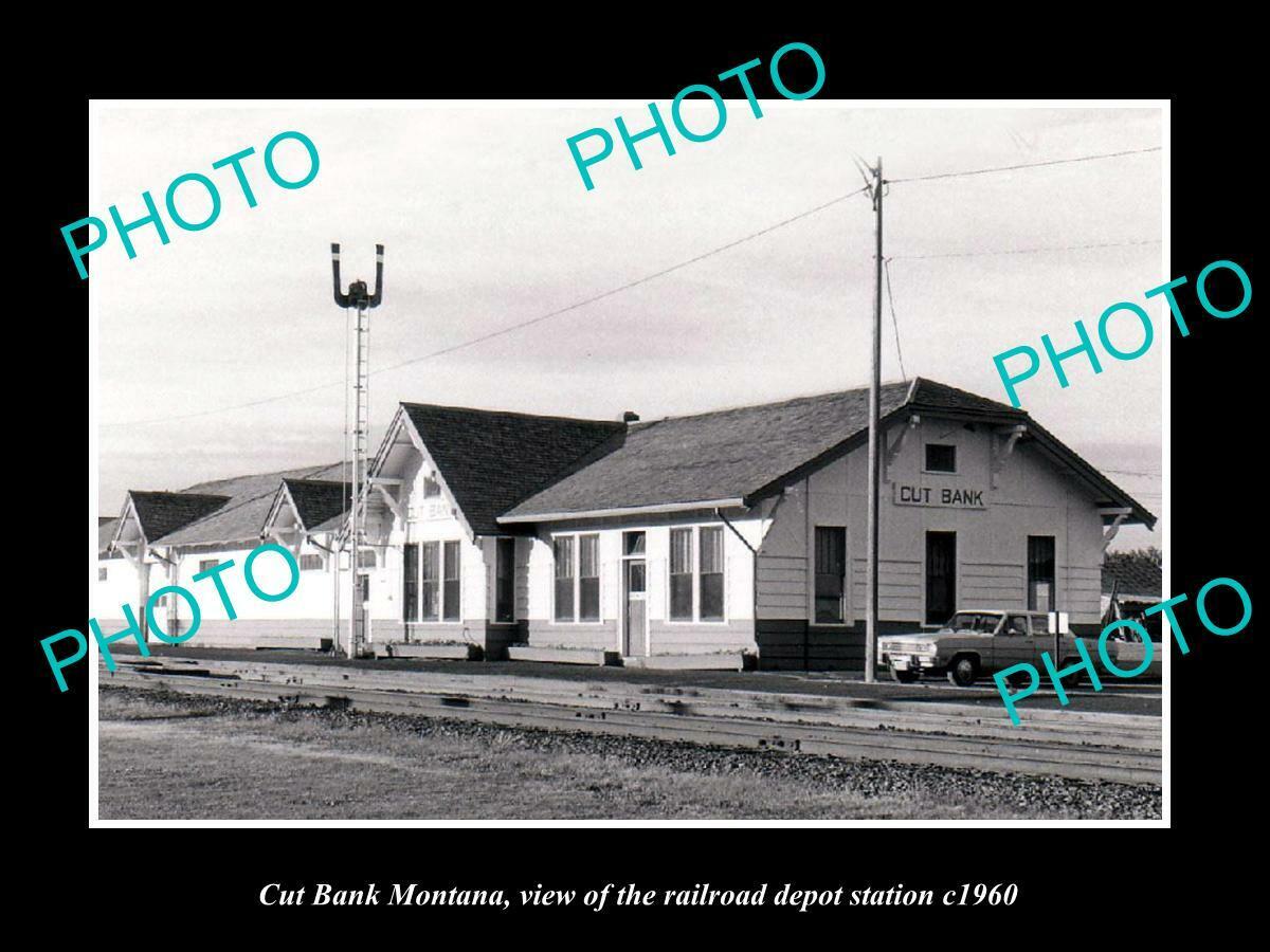 OLD POSTCARD SIZE PHOTO OF CUT BANK MONTANA THE RAILROAD DEPOT STATION c1960