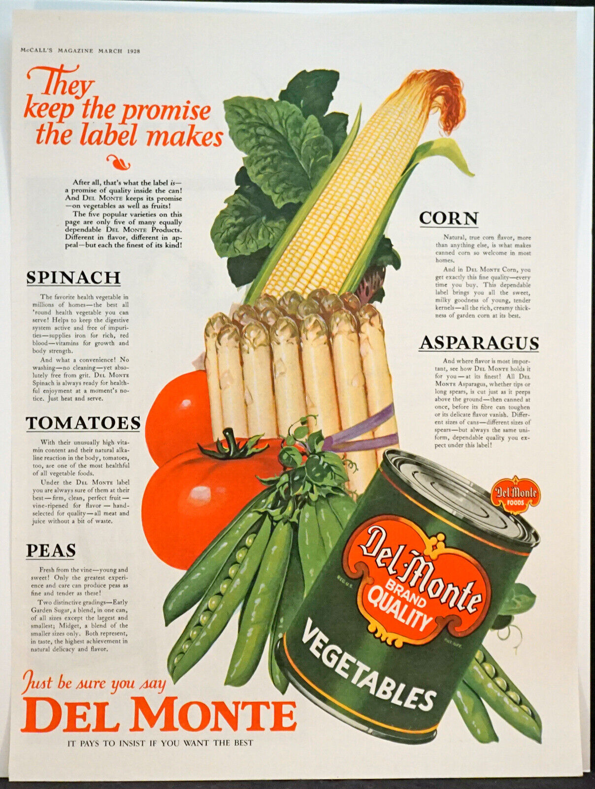 Vintage 1928 Print Advertisement Del Monte Vegetables Paul Poiret on Reverse fro