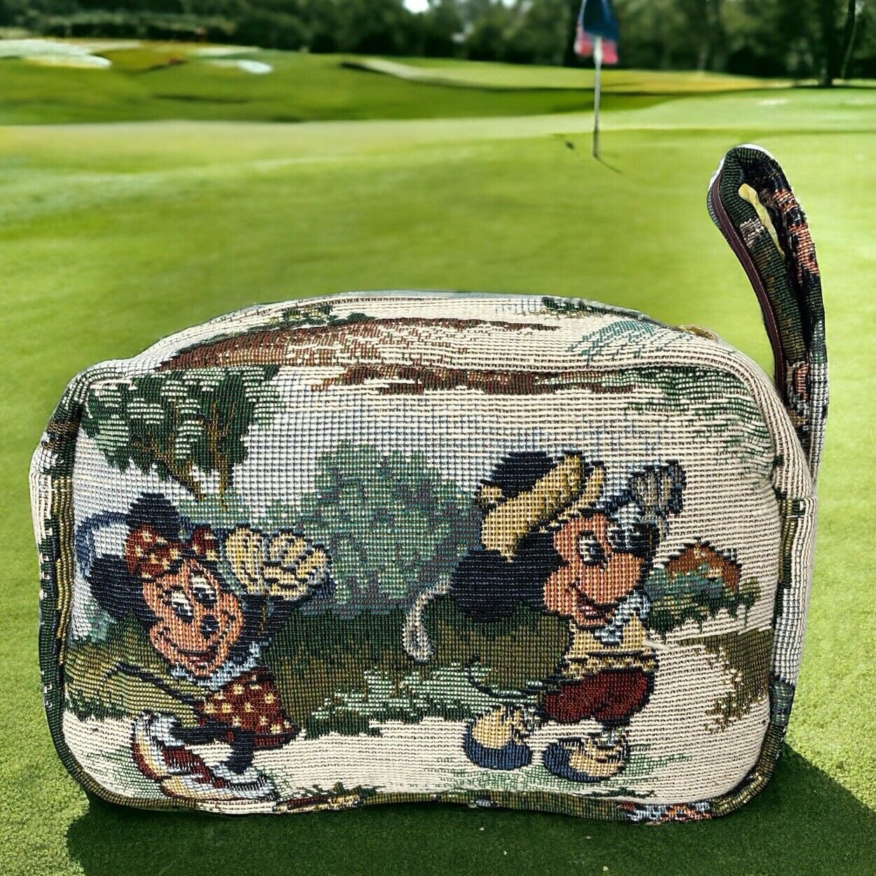Vtg Tapestry Mickey and Minnie Mouse Golf Cosmetic Bag Walt Disney Company Zip