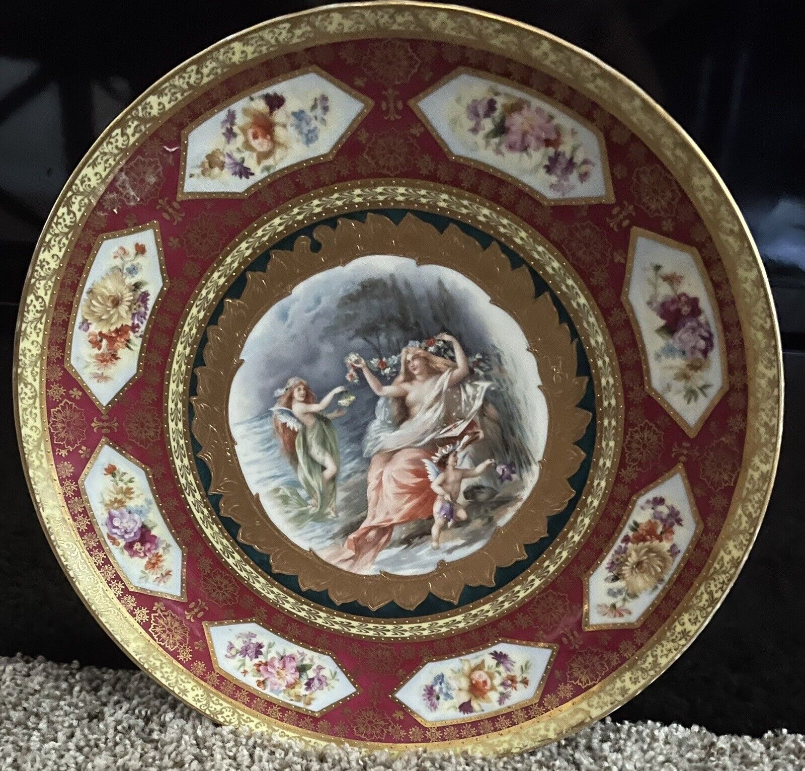 Royal Vienna Porcelain Fairies &  Nymph Red Antique Bowl Artist Signed HP Marked