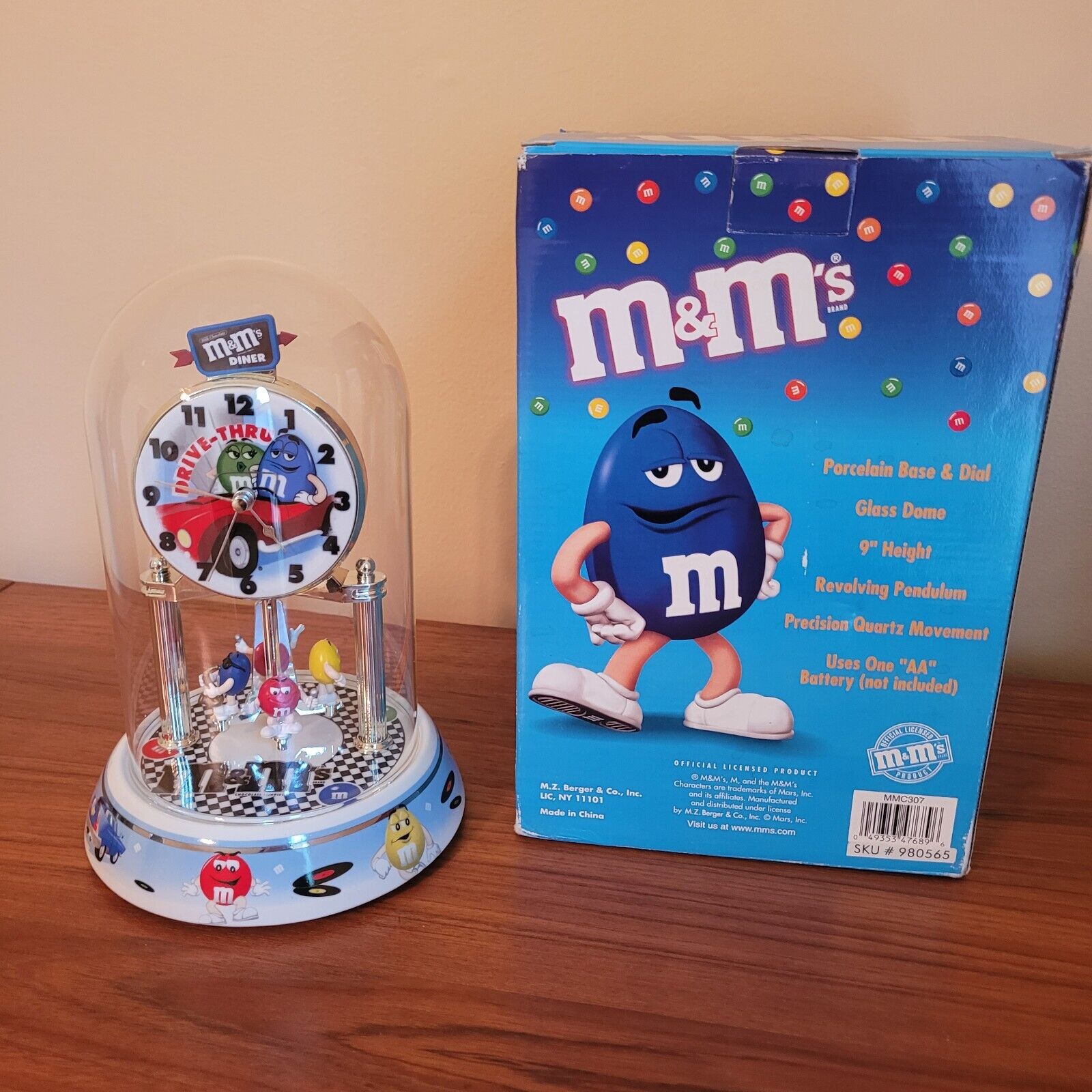 M&Ms Anniversary  Clock Rare  9”  Drive-Thru Diner Porcelain & Glass  NIB