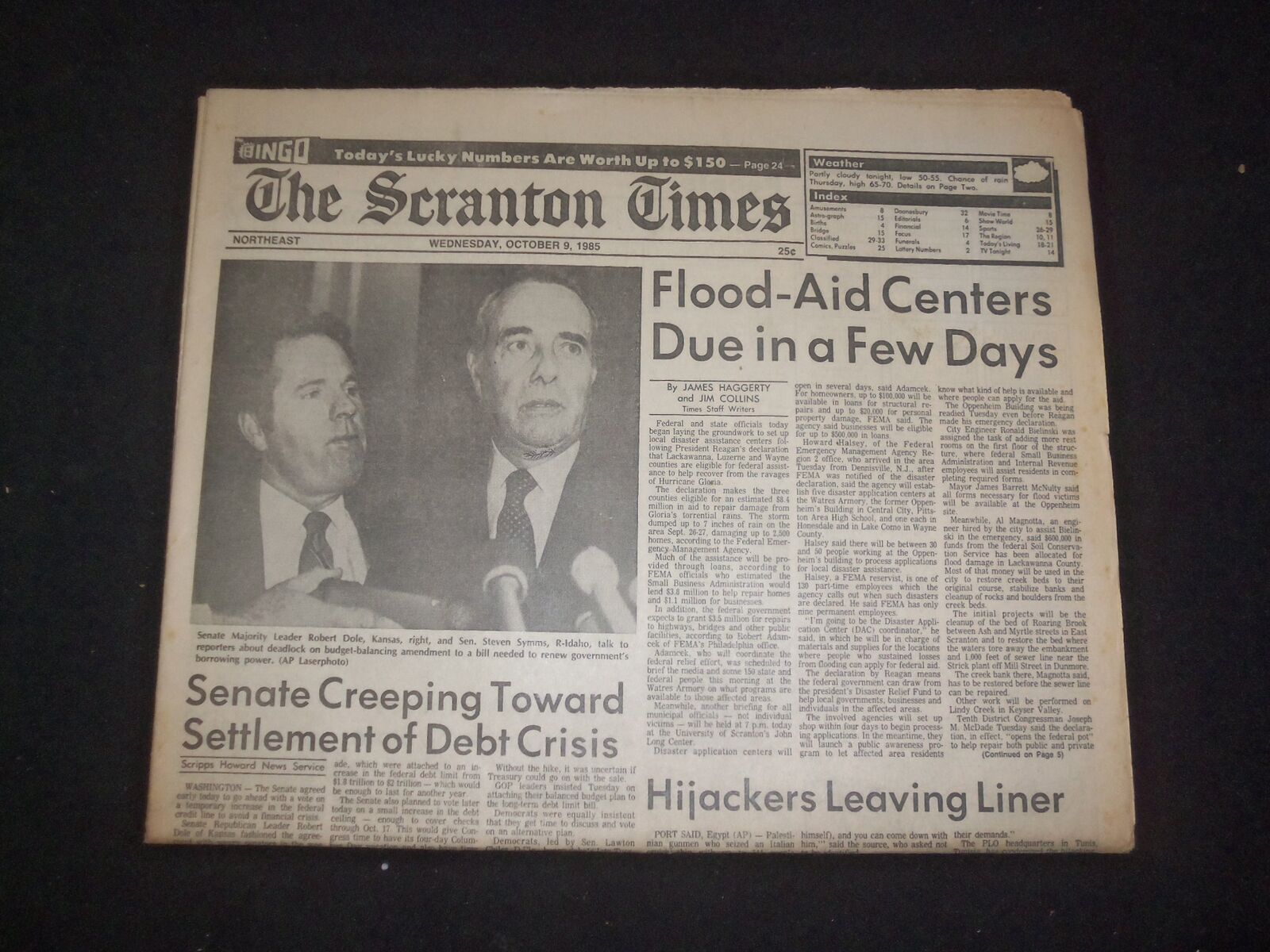 1985 OCT 9 THE SCRANTON TIMES NEWSPAPER - SENATE SETTLEMENT DEBT CRISIS- NP 8326