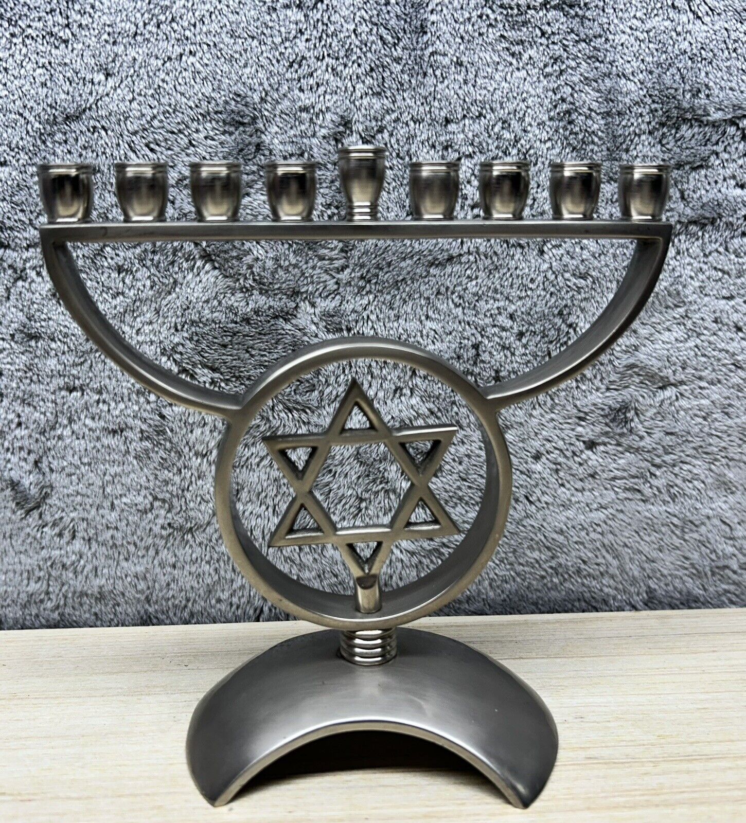 Hanukkah Menorah Candle Holder Silver Metal Decor Star of David 5x6
