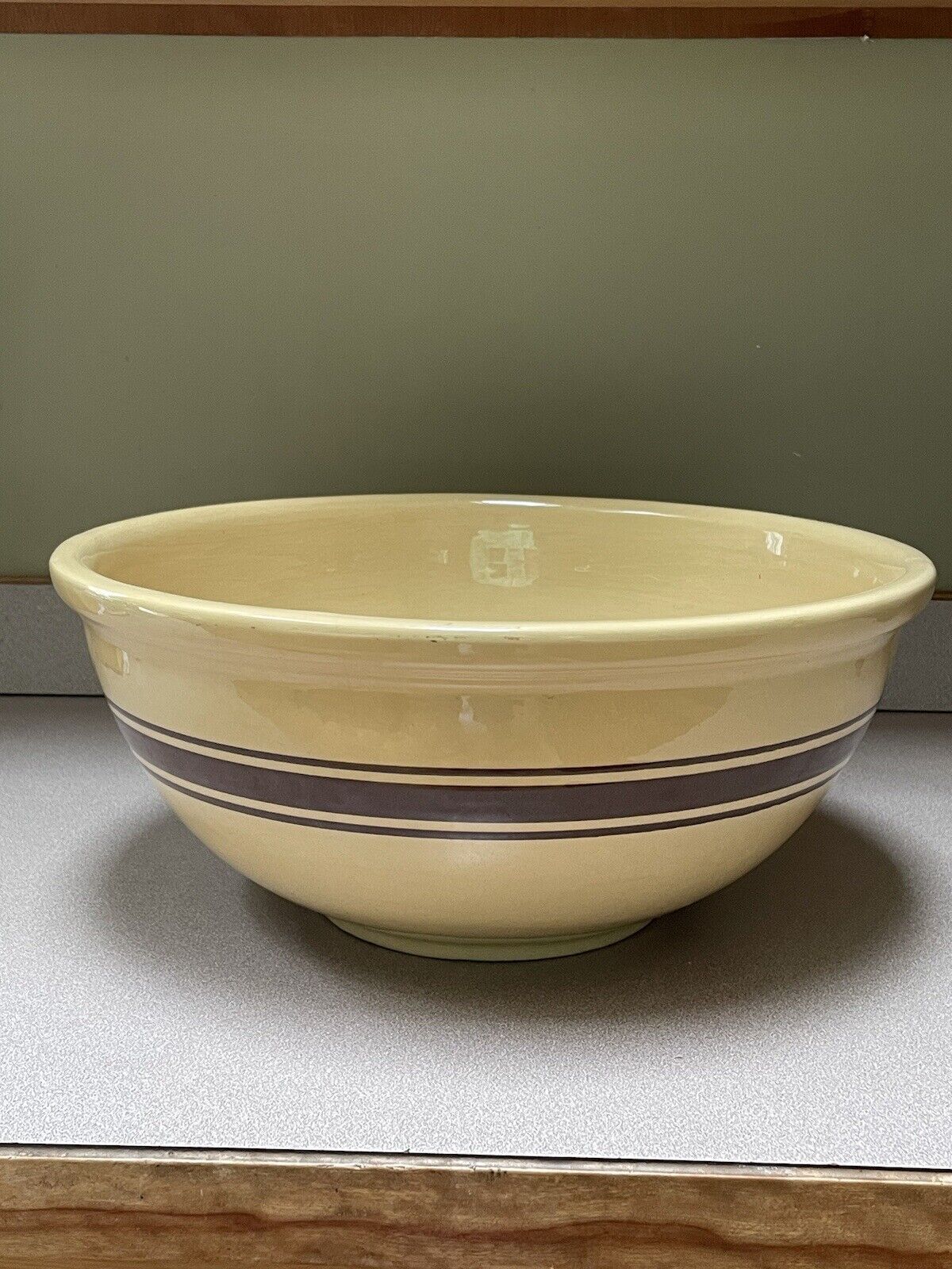 15” YELLOW WARE BATTER Largest MIXING BOWL 3 BROWN STRIPES USA Vintage RARE SIZE