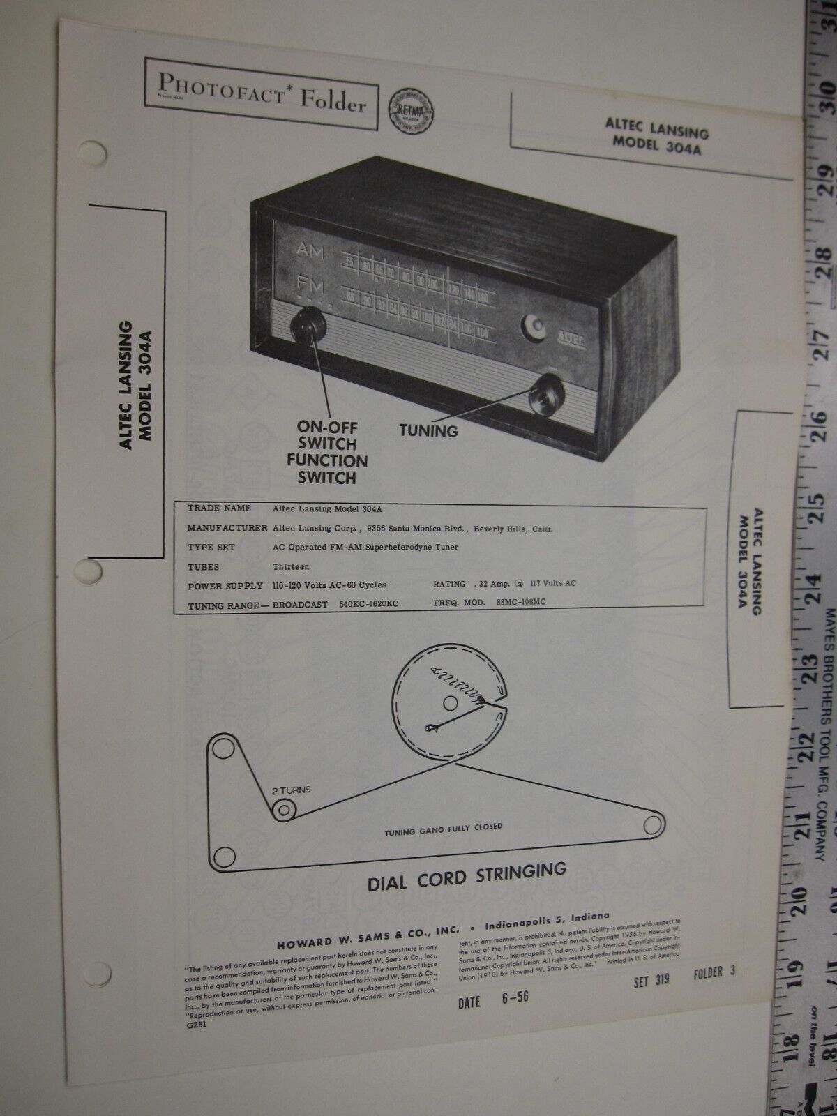 1950\'s Sams Photofact ALTEC LANSING Model  304A  BIS