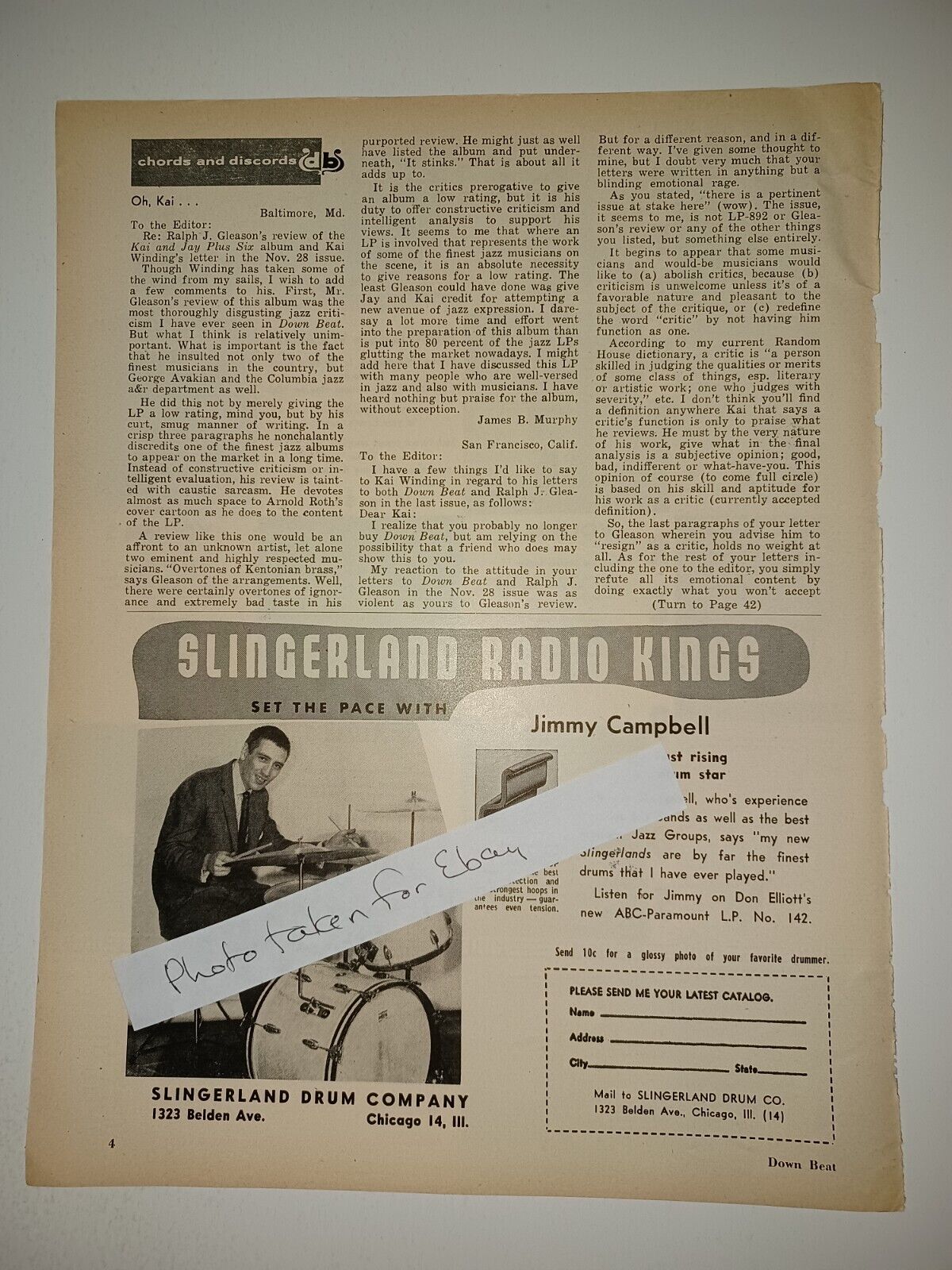 Jimmy Campbell Slingerland Radio Kings Drums 1956 8x11 Magazine Ad