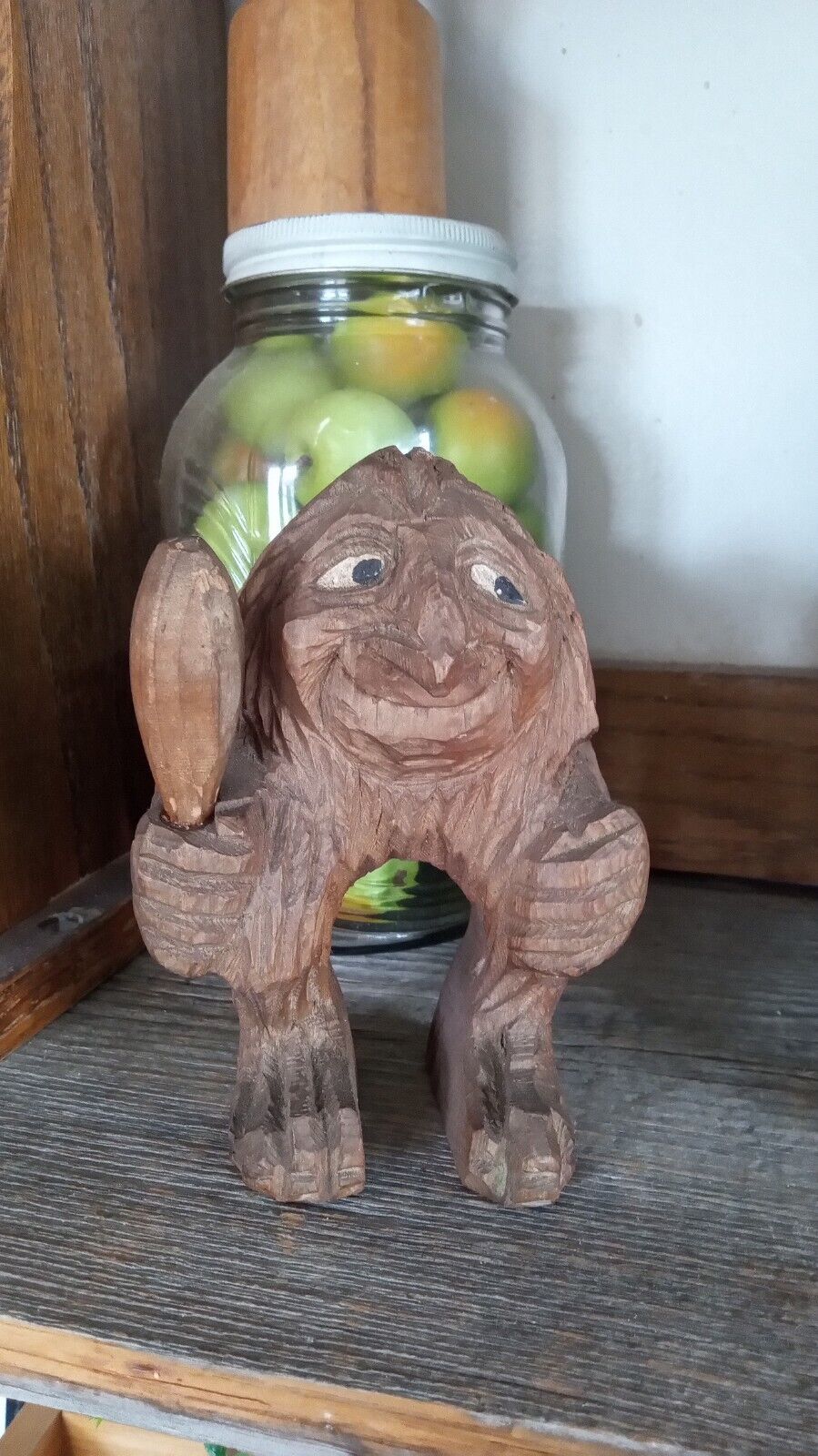 Vtg Vintage Scandinavian Carved Wood Troll Ogre Gnome Club Stick Mid Century 