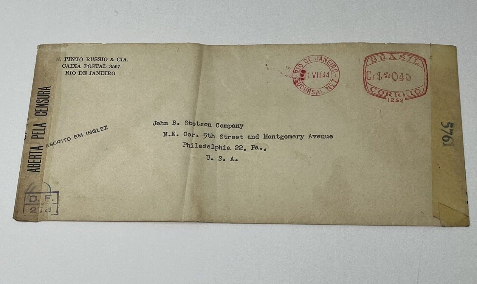 1944 John B Stetson Hats Mail Envelope Cover Rio De Janeiro Brazil Censorship
