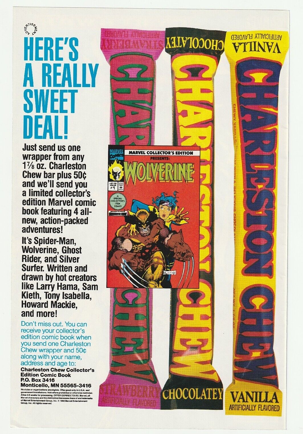 1992 Charleston Chew Wolverine Vtg Print Ad Marvel Strawberry Vanilla Chocolate 