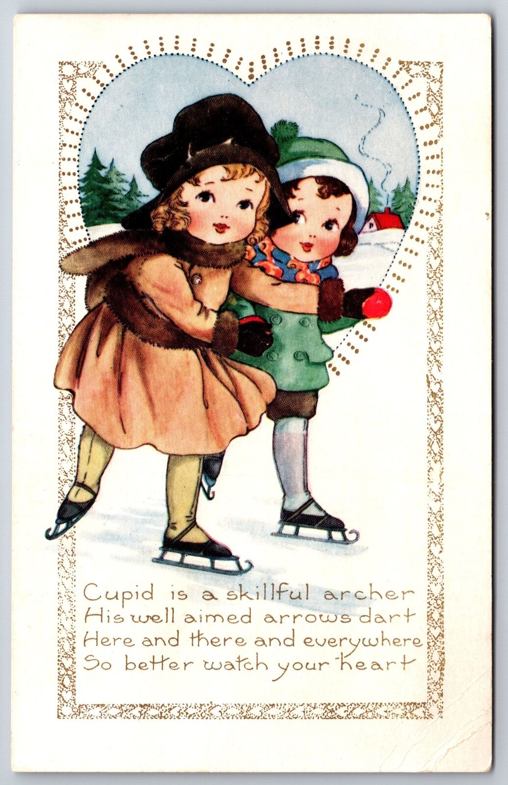 Valentine~Kids Ice Skate~Cupid A Skillful Archer~Art Deco Whitney Made~c1920