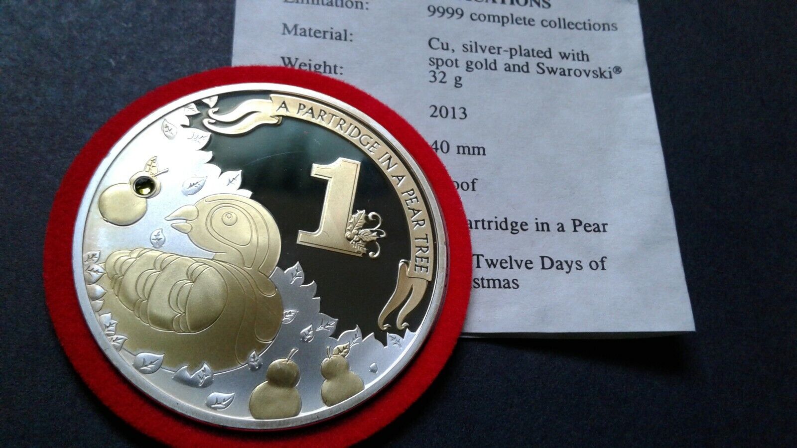  US 2013 AMERICAN MINT A Partridge in a Pear CU, Silver plated with spot Gold