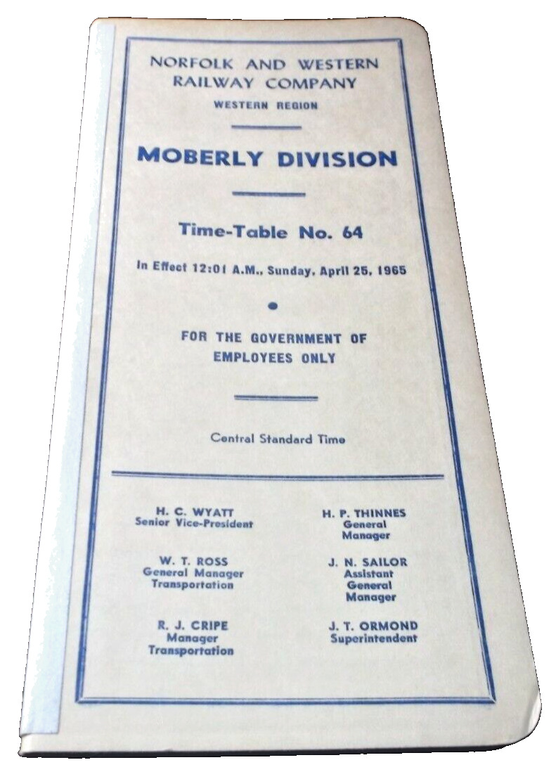 APRIL 1965 NORFOLK & WESTERN N&W MOBERLY DIVISION EMPLOYEE TIMETABLE #64