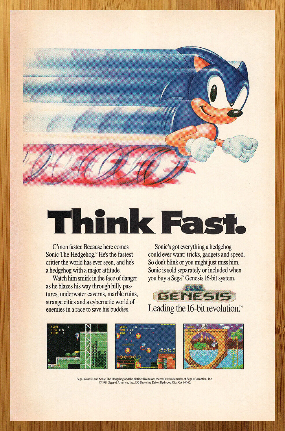 1991 Sonic The Hedgehog Sega Genesis Vintage Print Ad/Poster Official Promo Art