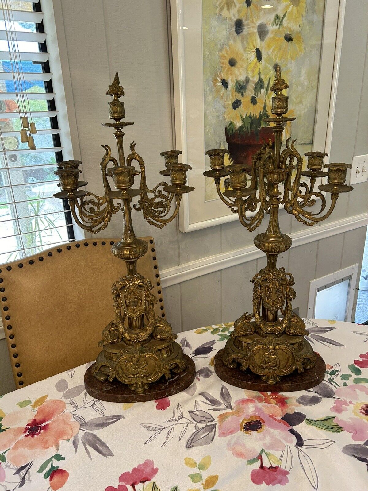 pair of 2 antique ornate Victorian  gilt bronze candelabras candle holders