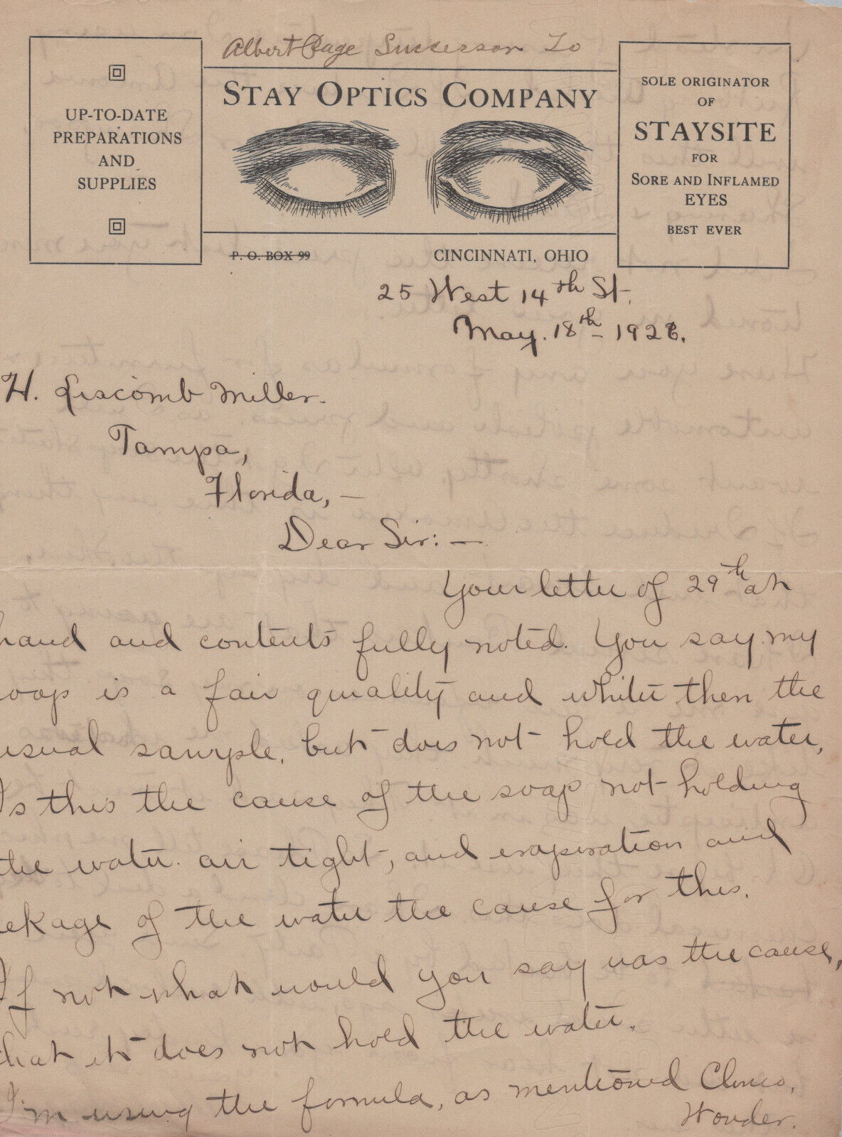 1928 Stay Optics Co. Letter Rare Eye Graphic Letterhead Cincinnati