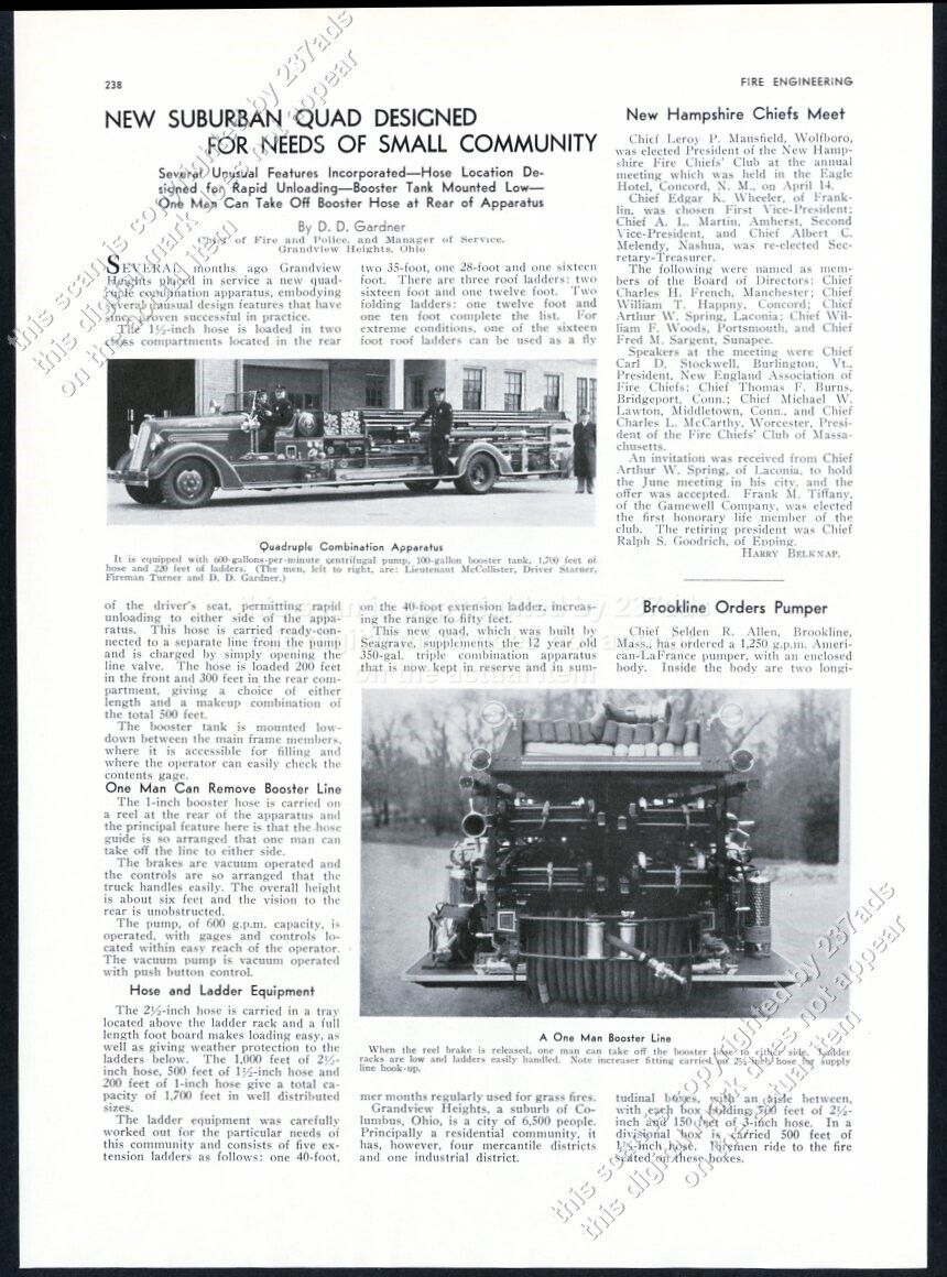 1937 Grandview Heights Ohio Seagrave fire engine truck 2 photo vtg print article