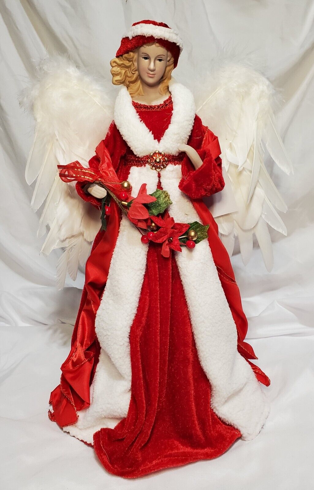 Hobby Lobby Angel Christmas Tree Topper Red Dress, Feather Wings, Porcelain Head