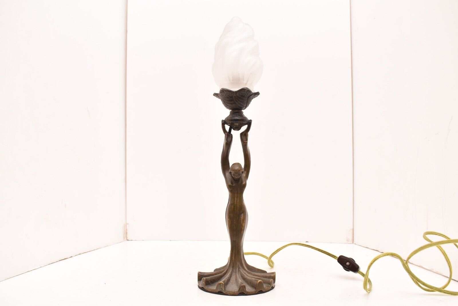 VTG Art Deco FIGURAL WOMAN Lamp Flying Lady Holding Torch Flame Shade Nouveau