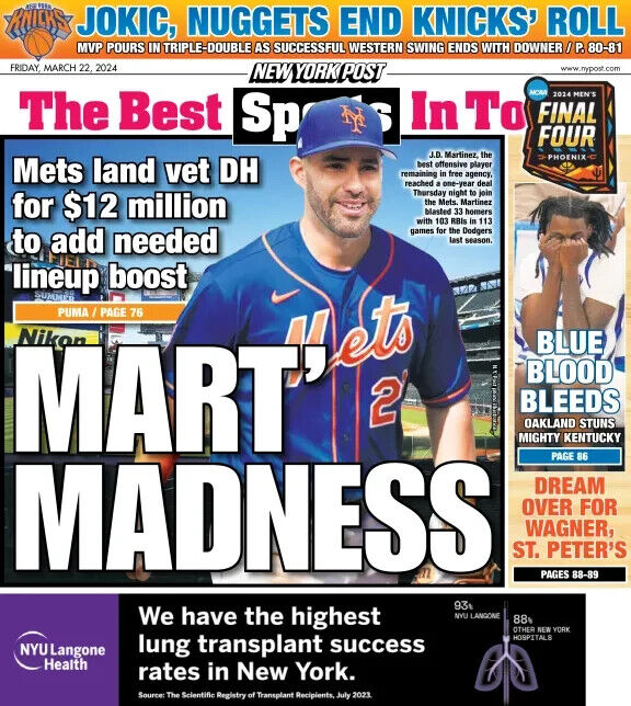 METS LAND J.D. MARTINEZ MARCH MADNESS FINAL FOUR NY POST 3/22 2024