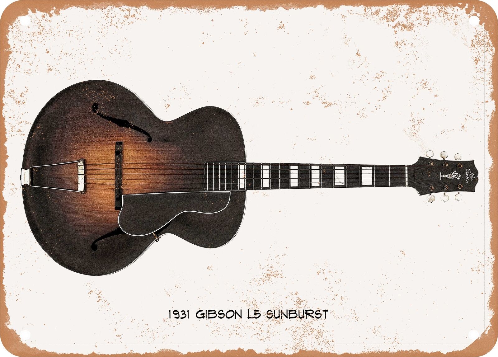 Guitar Art - 1931 Gibson L5 Sunburst Pencil Drawing - Rusty Look Metal Sign