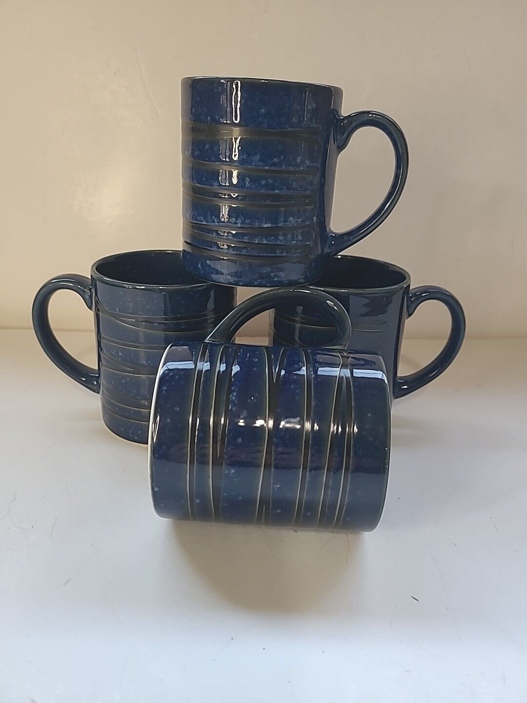 4 Vintage Speckled Cobalt Blue Stoneware Mug Cup Black Line Design Japan MCM