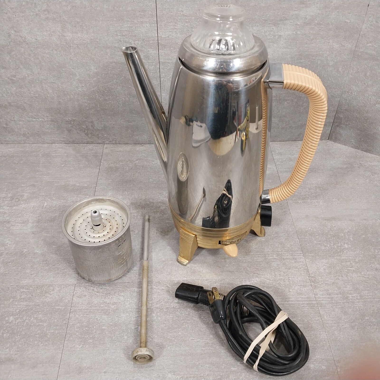 Vintage 1950s MCM 2 Tone Cory DAP Stainless Steel Electric Percolator Gold Base
