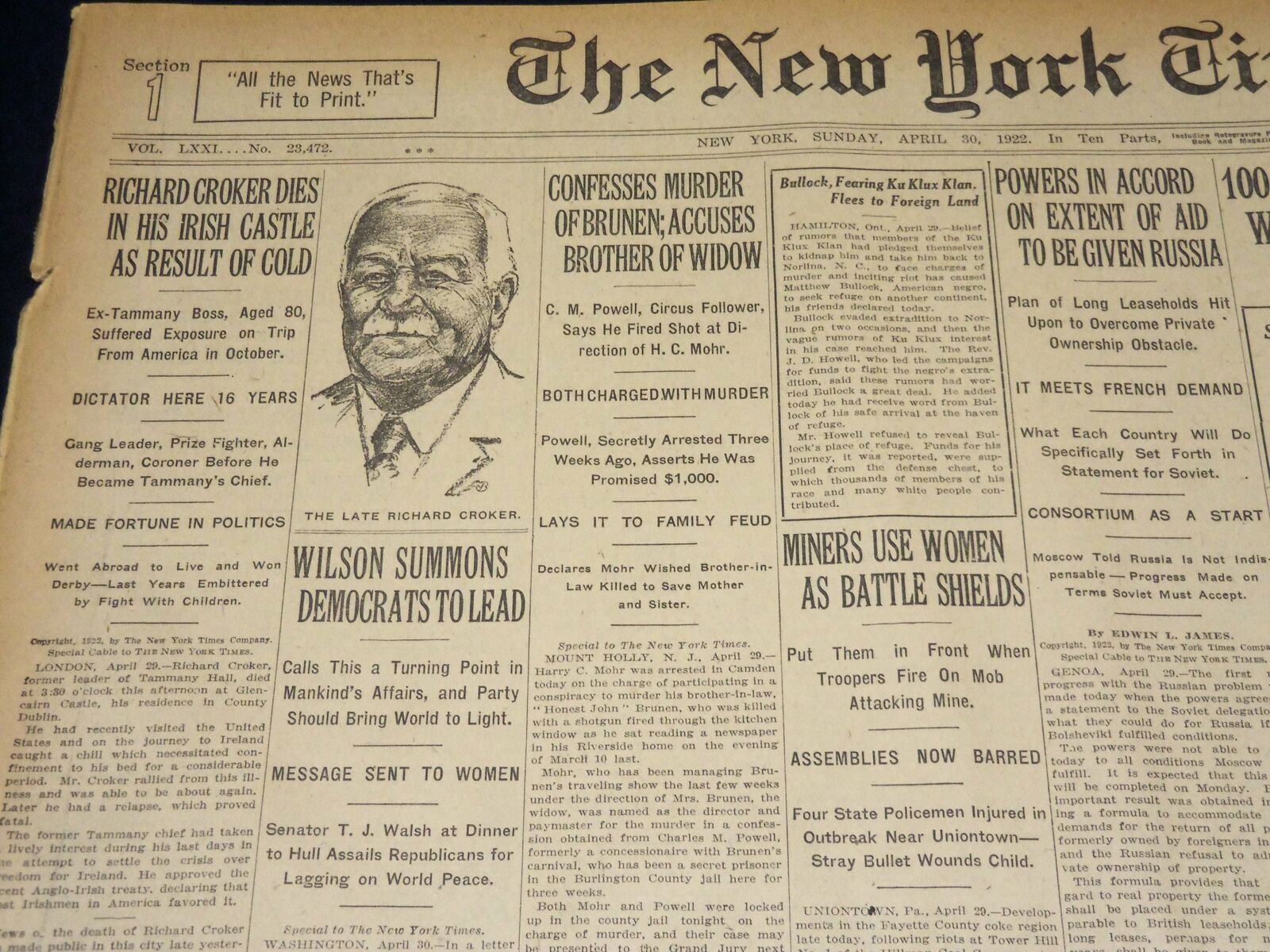 1922 APRIL 30 NEW YORK TIMES NEWSPAPER - RICHARD CROKER DIES AT 80 - NT 8585