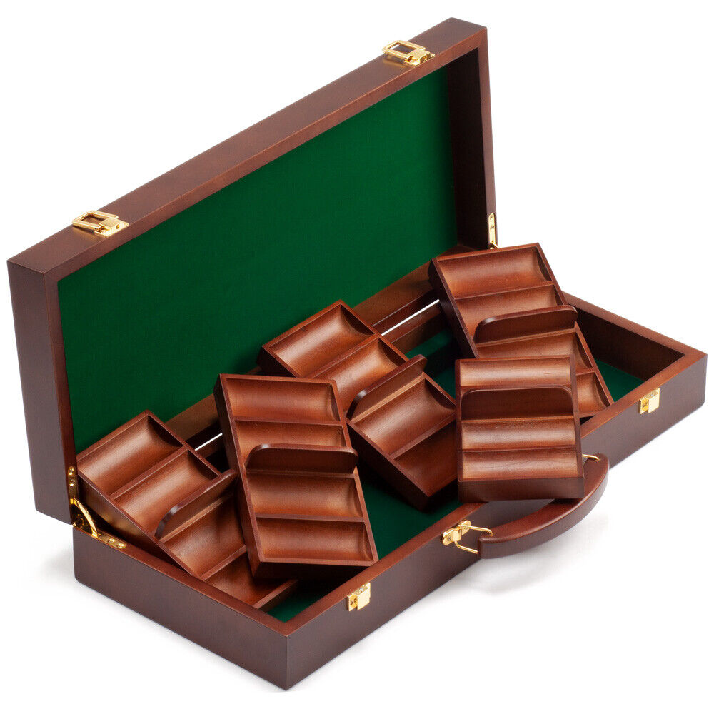 500 Count Premium Casino Round Solid Wood Poker Chip Case  - Walnut