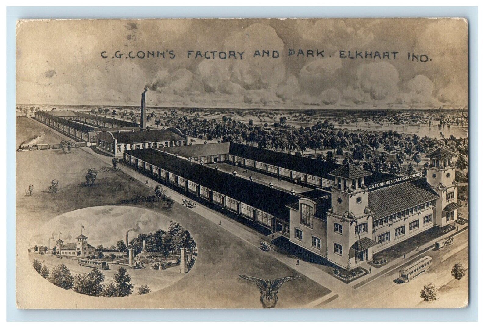 View Of C.G. Conn\'s Factory And Park Elkhart Indiana IN RPPC Photo Postcard