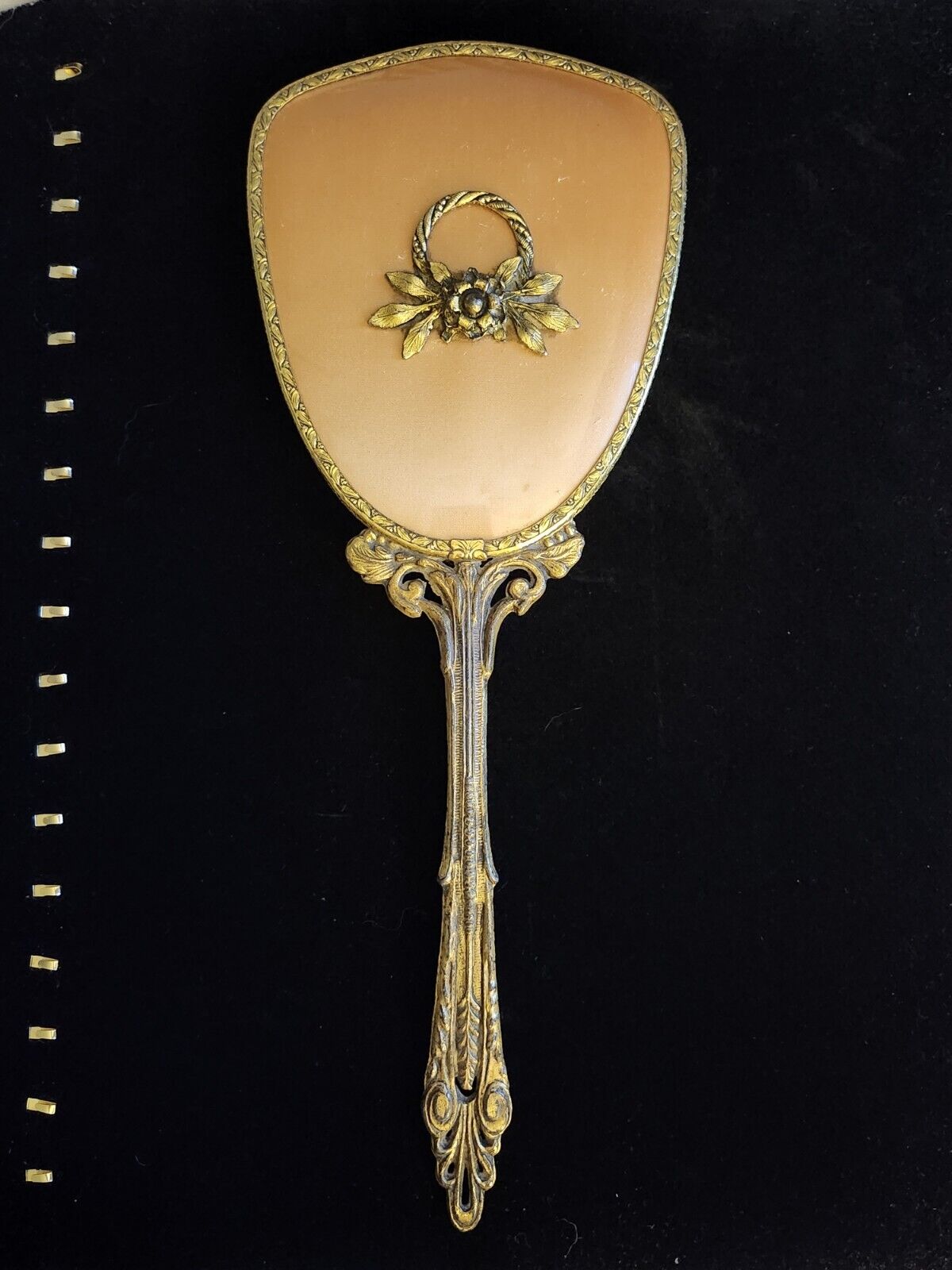 Antique Vtg Hand Held Embossed  Vanity Mirror Victorian Style Brass Aged 