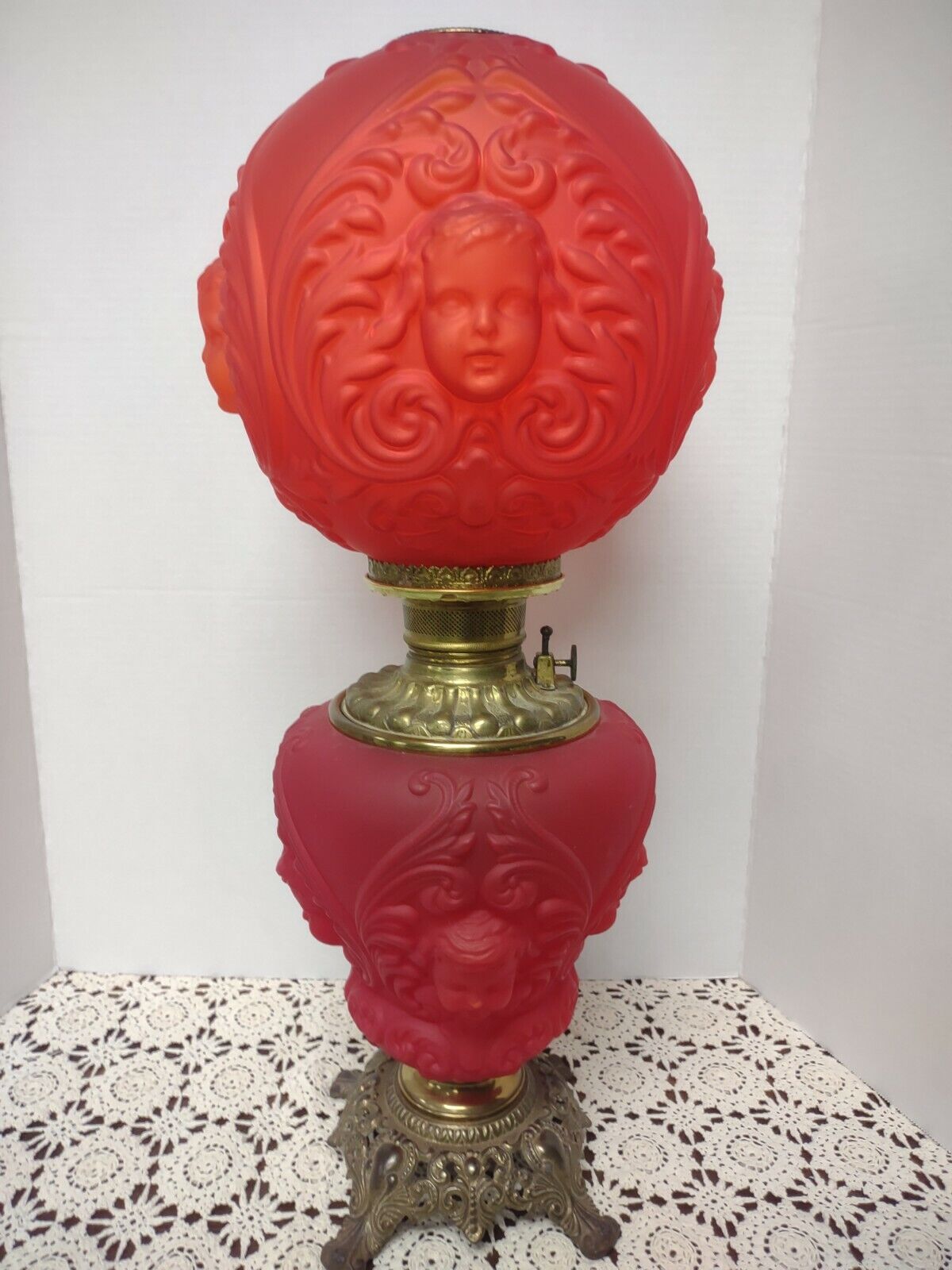 Antique Red Satin Cherub Angel Baby Face GWTW OIL Consolidated Banquet Lamp  