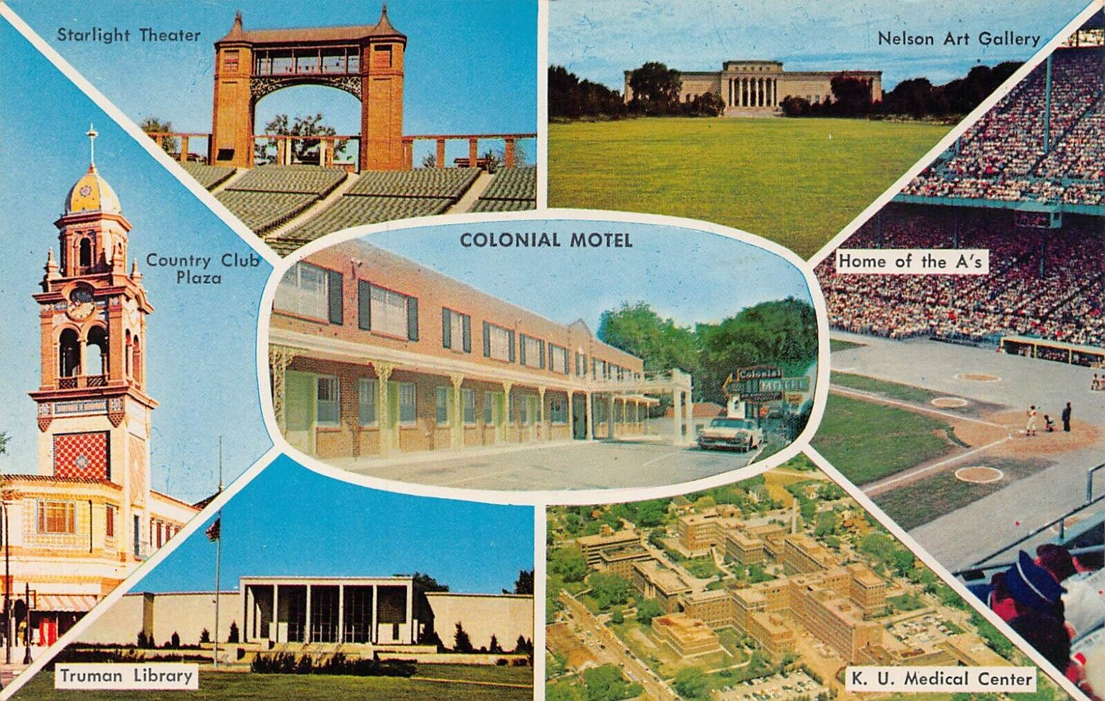 Kansas City KS Downtown 1950s Colonial Motel Arrowhead Stadium Vtg Postcard P9