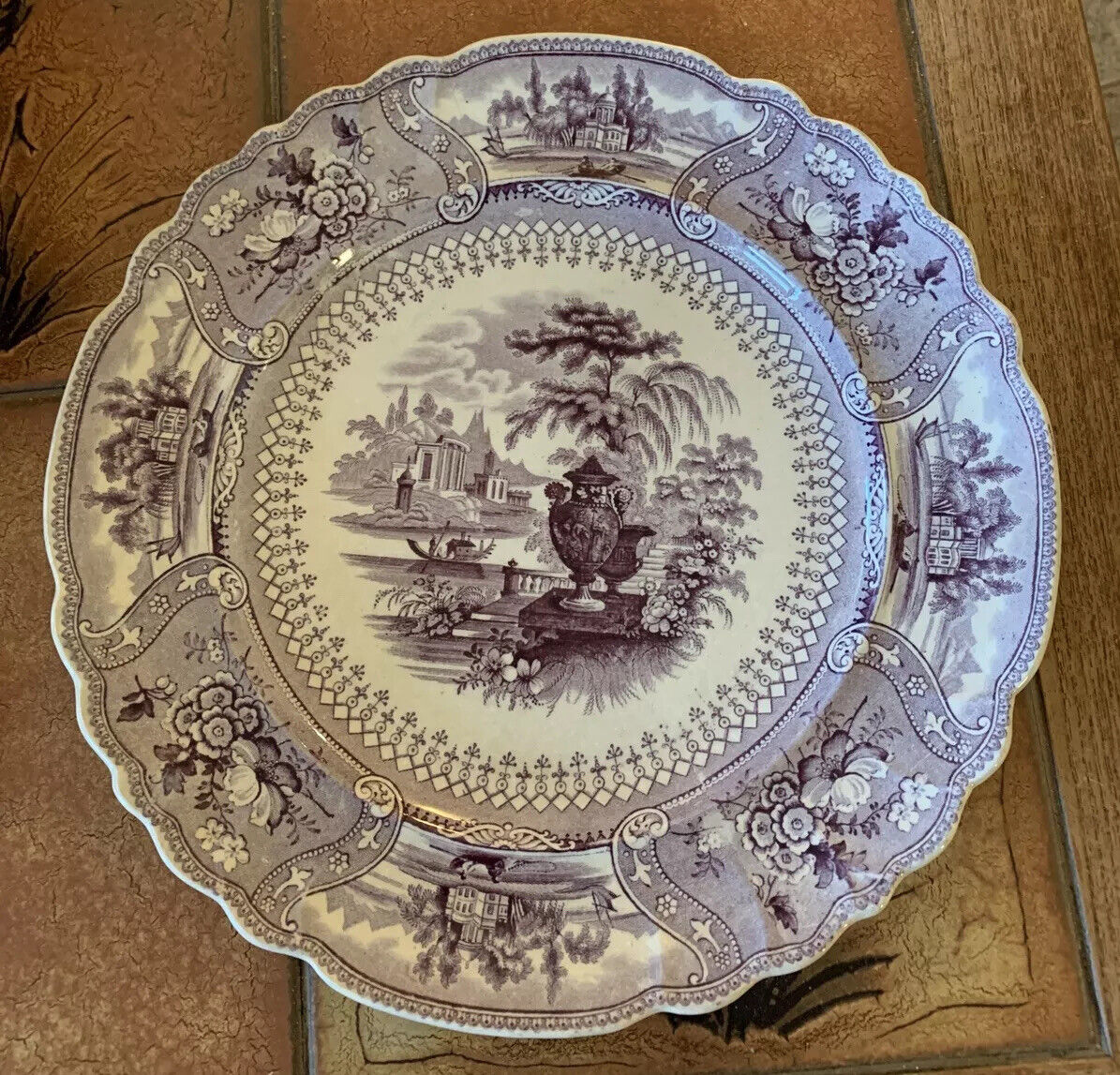Staffordshire Pottery Dish  Purple Transferware 19th c. 10.25\