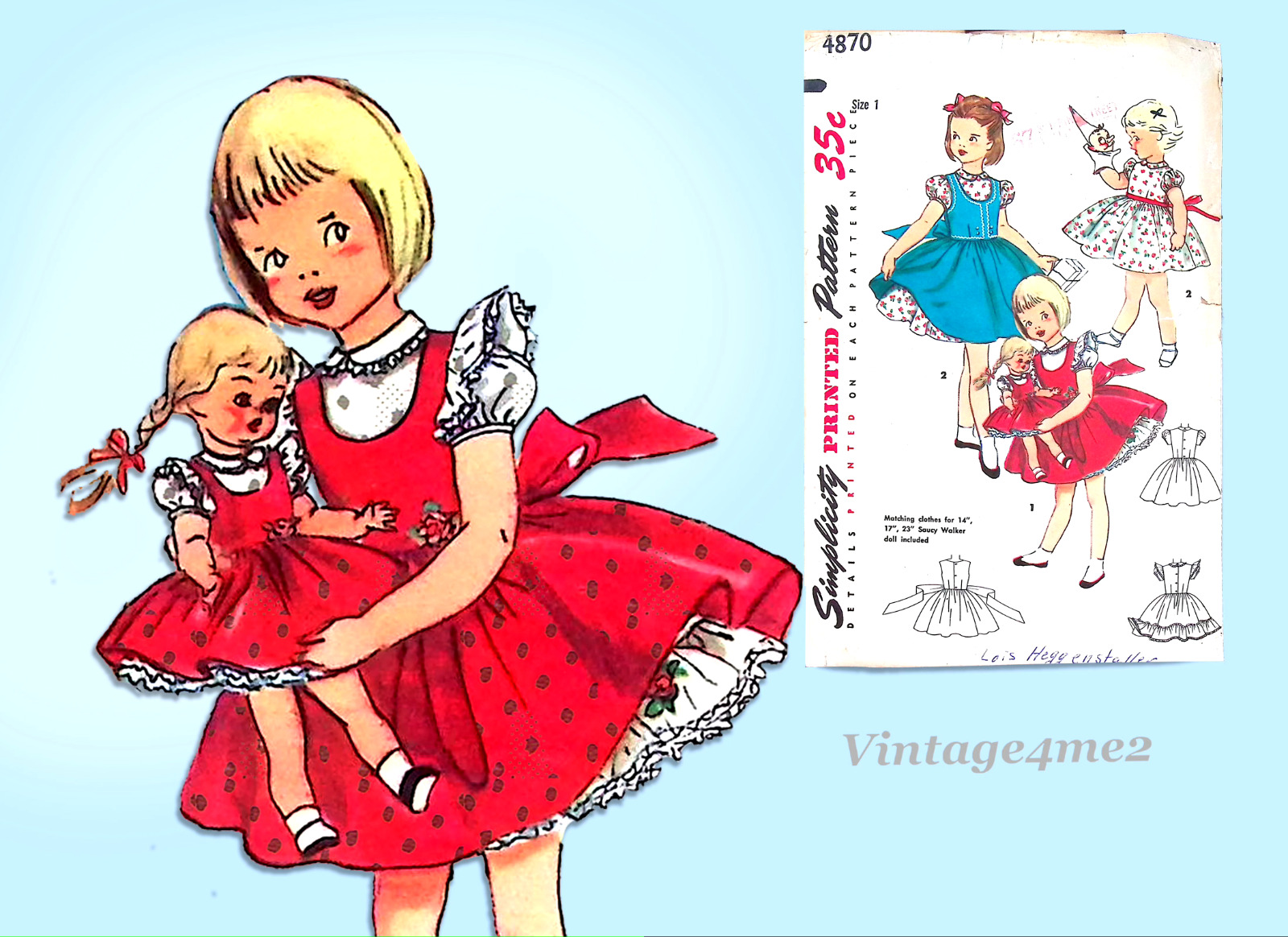 1950s Vintage Toddler Girls Dress w Doll Simplicity 4870 Sewing Pattern  sz 1