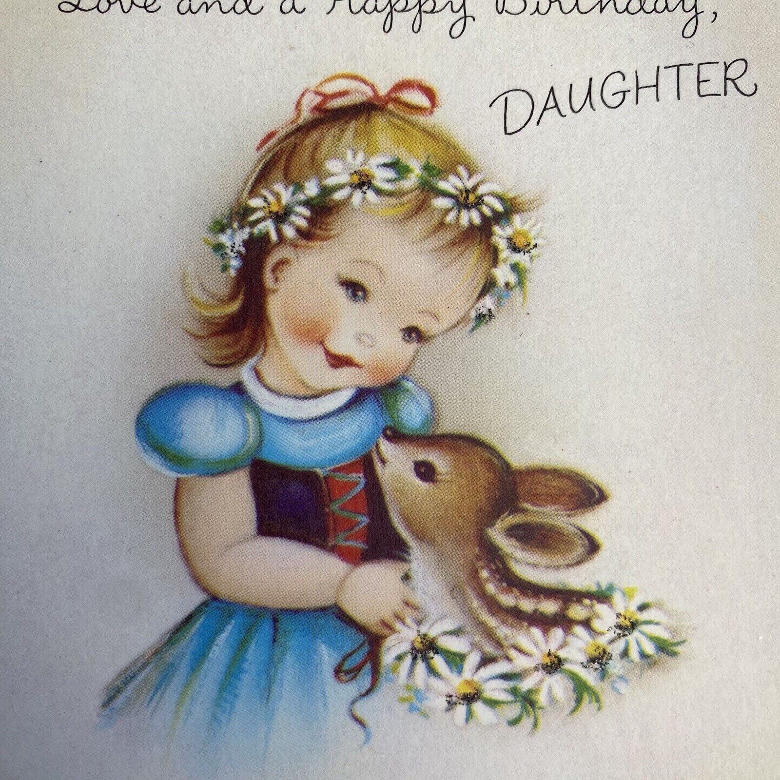 Vintage Mid Century Birthday Greeting Card Pretty Girl Deer Glitter Norcross
