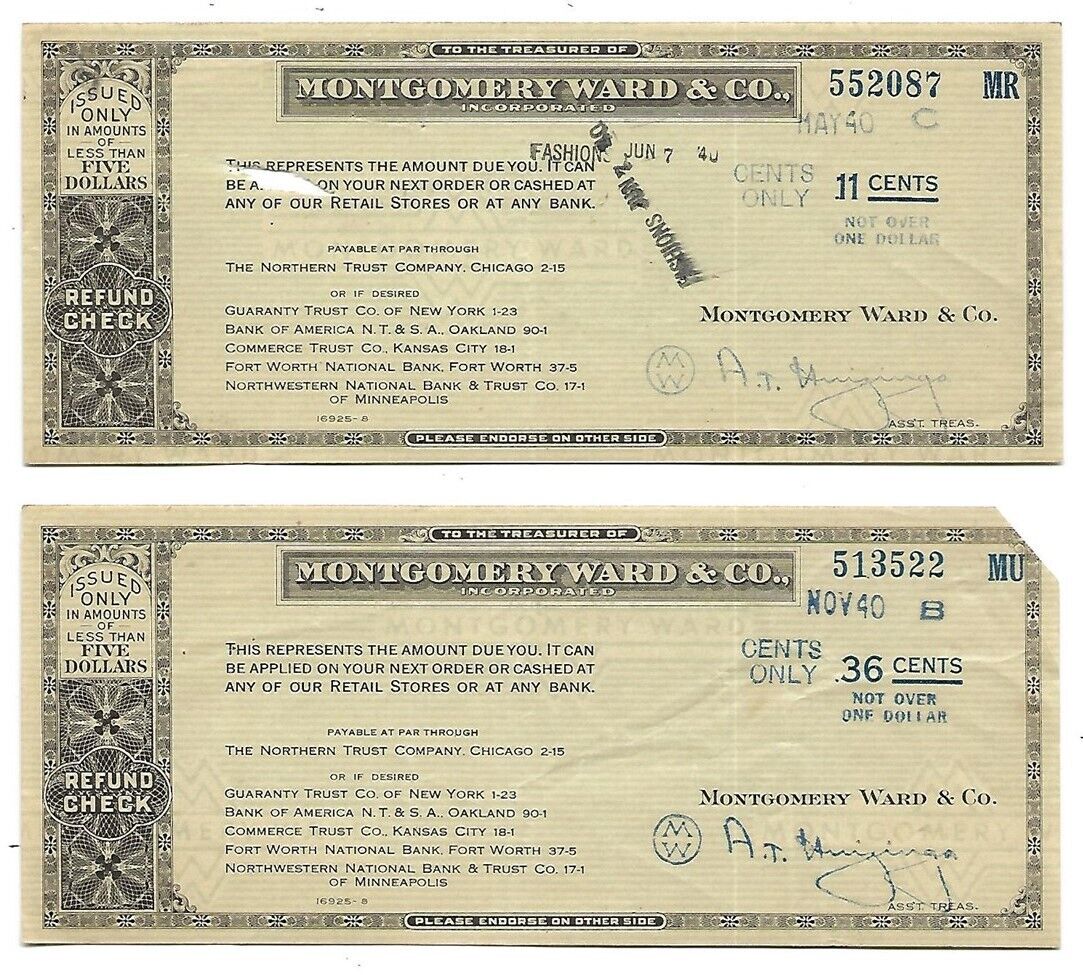 Two 1940 MONTGOMERY WARD Refund Checks Payable at Northern Trust Company Chicago