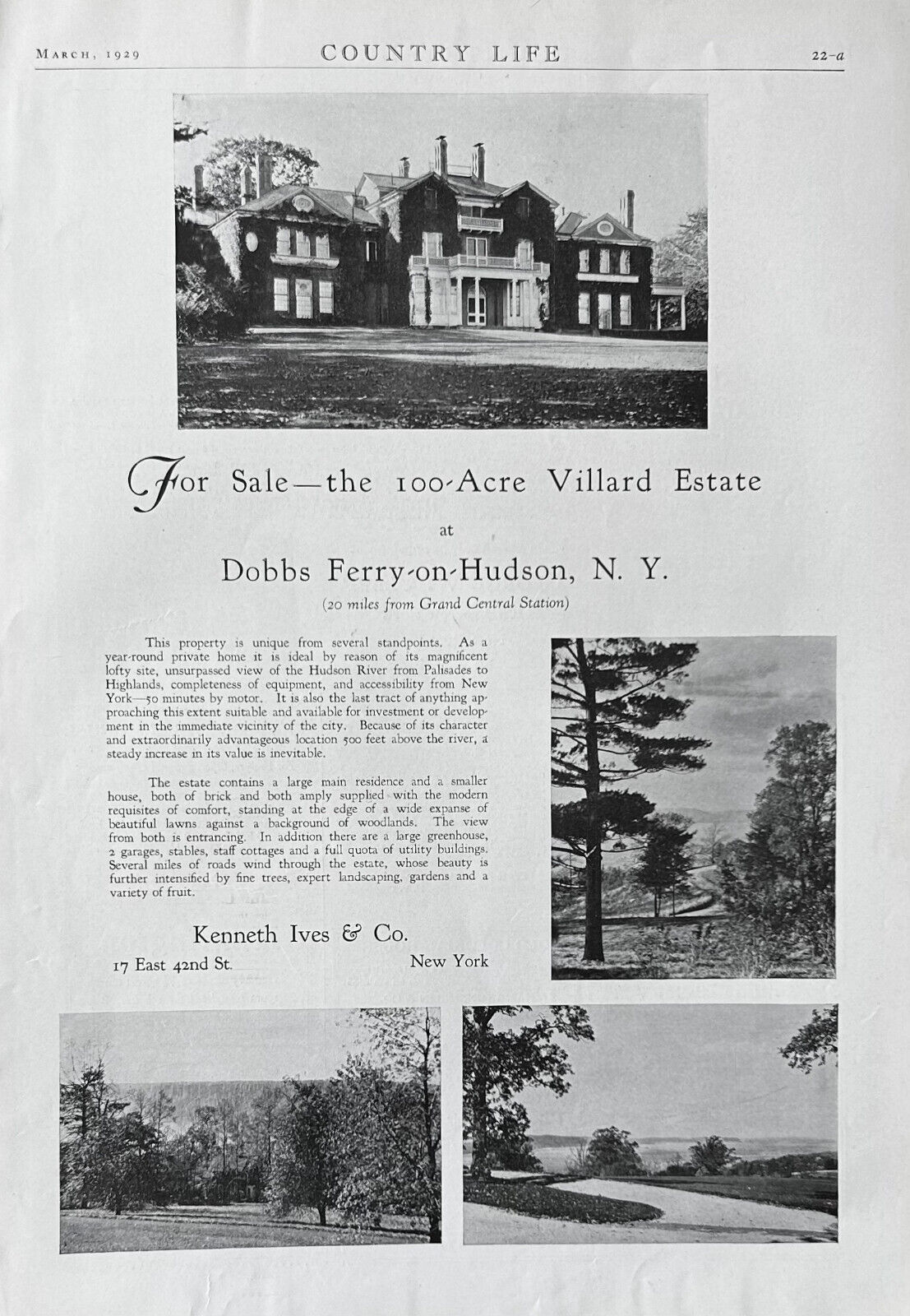 Print Ad For Sale 100 Acre Villard Estate Dobbs Ferry on Hudson NY 1929