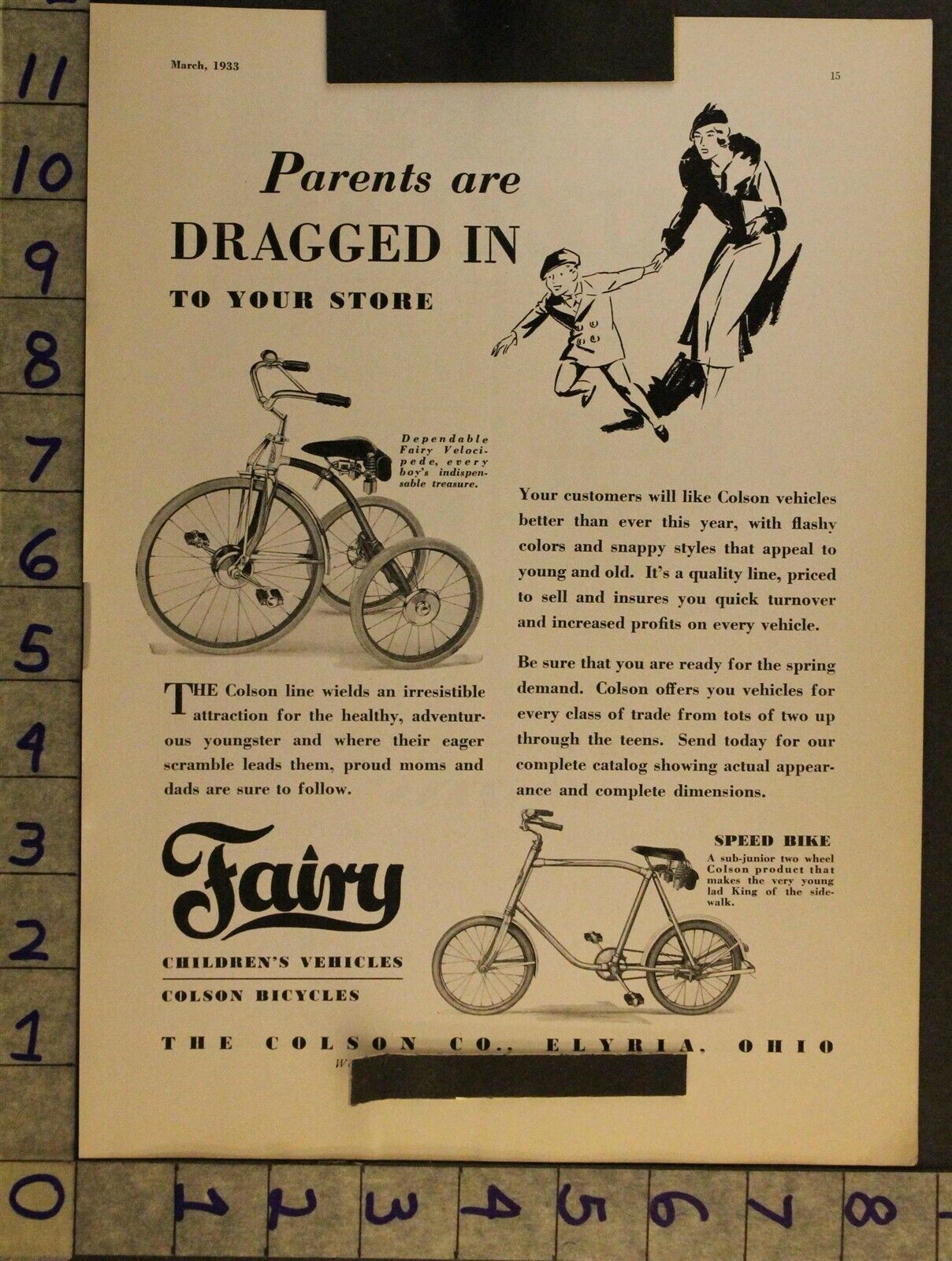1933 BICYCLE FAIRY VELOCIPEDE BIKE COLSON CHILDREN SPEED BIKE ELYRIA OHIO ADTM03