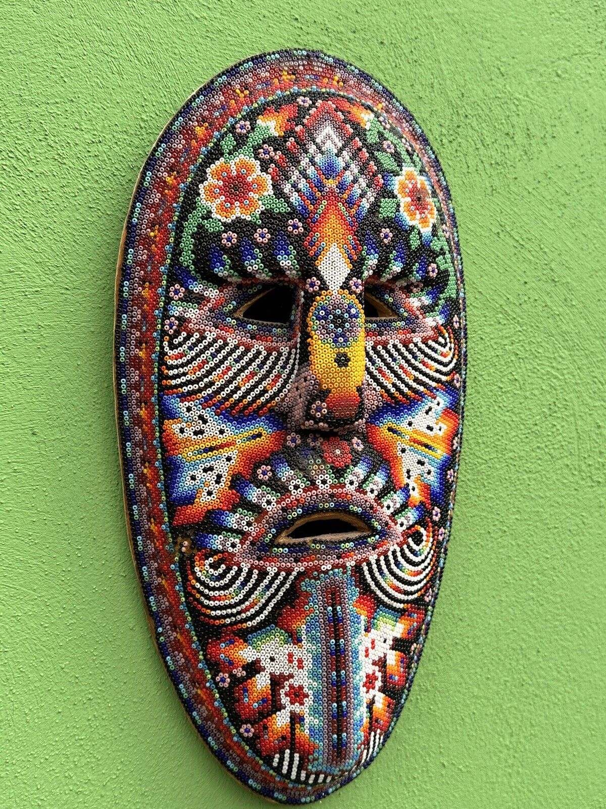 Vintage Huichol Hand Beaded Mask With Owl