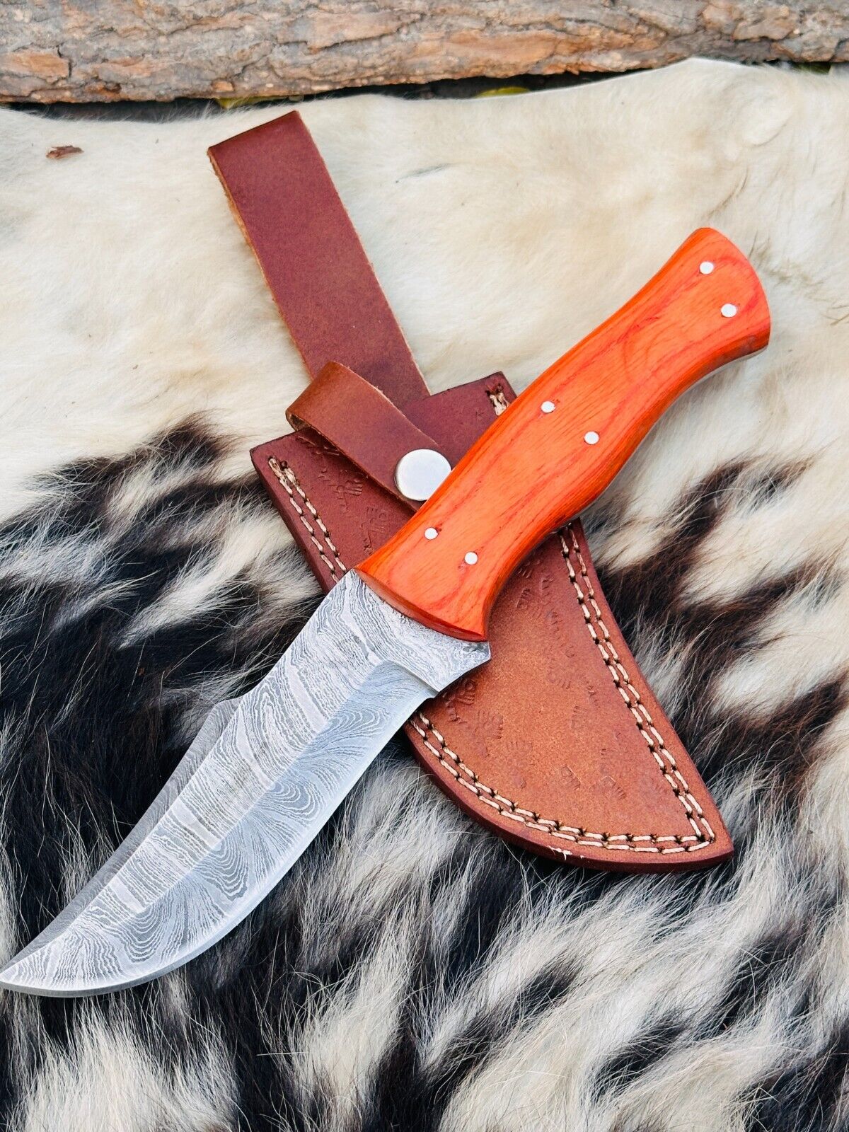 Custom Handmade Damascus Steel Hunting Knife - Orange Pakka Wood Handle W/Sheath