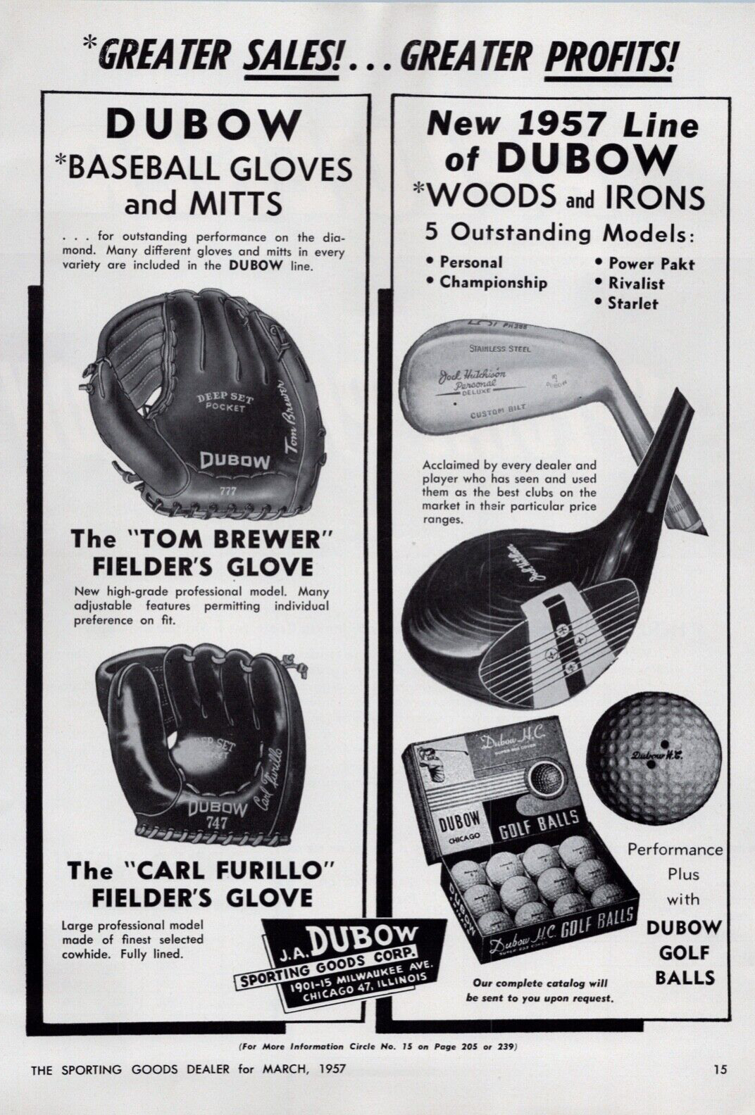 1957 Dubow Baseball Gloves Dubow Golf Clubs Print Ad