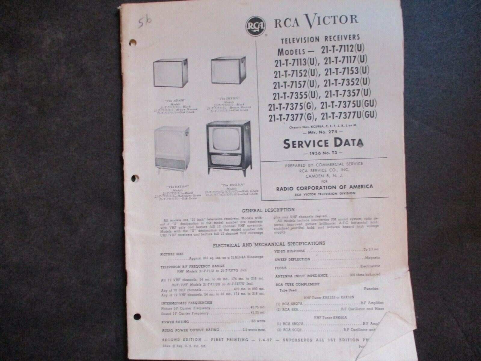 1956 RCA Victor Service Data No. T3 Chassis Nos. KCS98A, C, E, F, J, K, L, or M