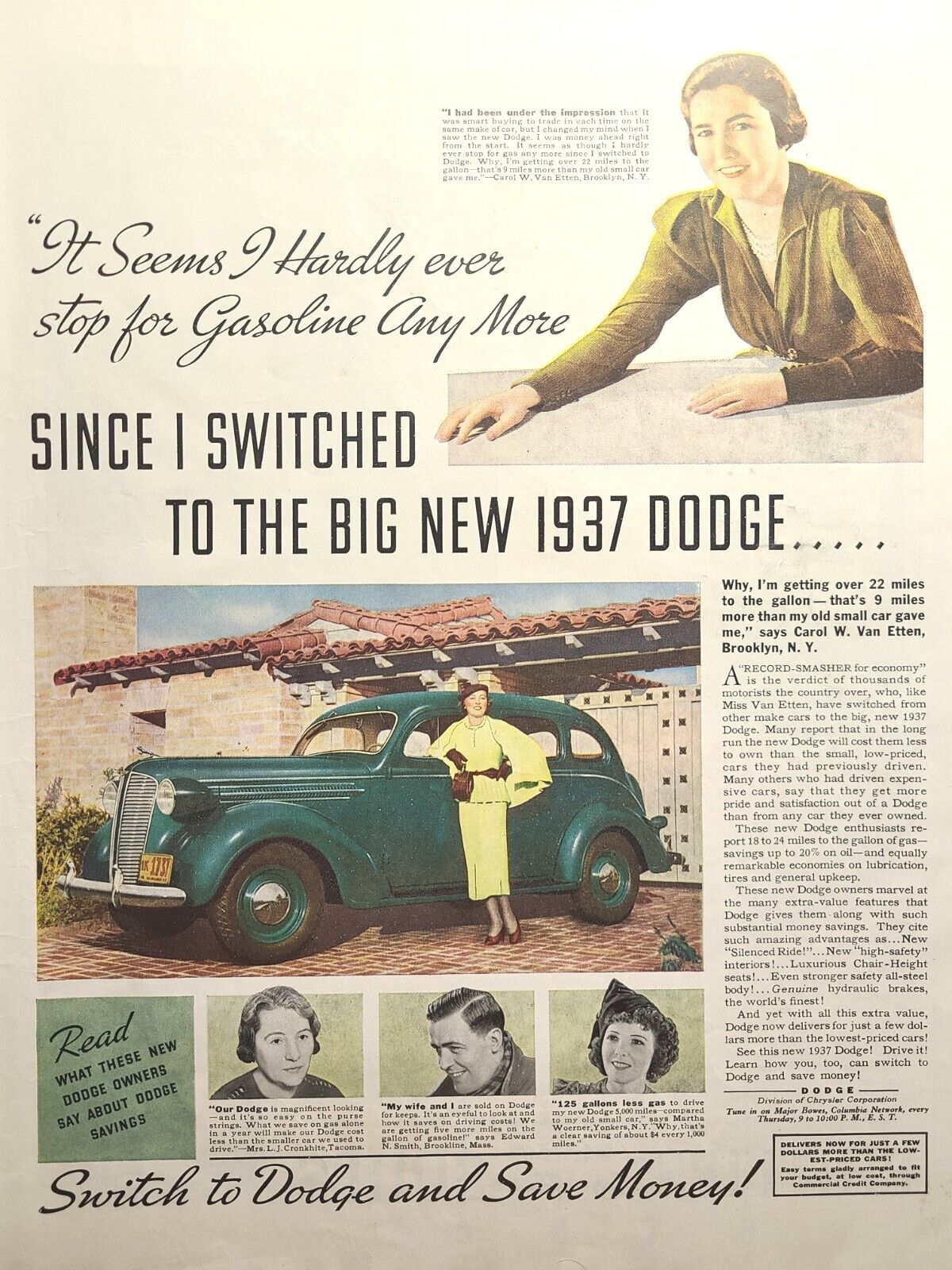Vintage Print Ad 1937 Dodge Car Aquamarine Blue Gasoline Savings Testimonials